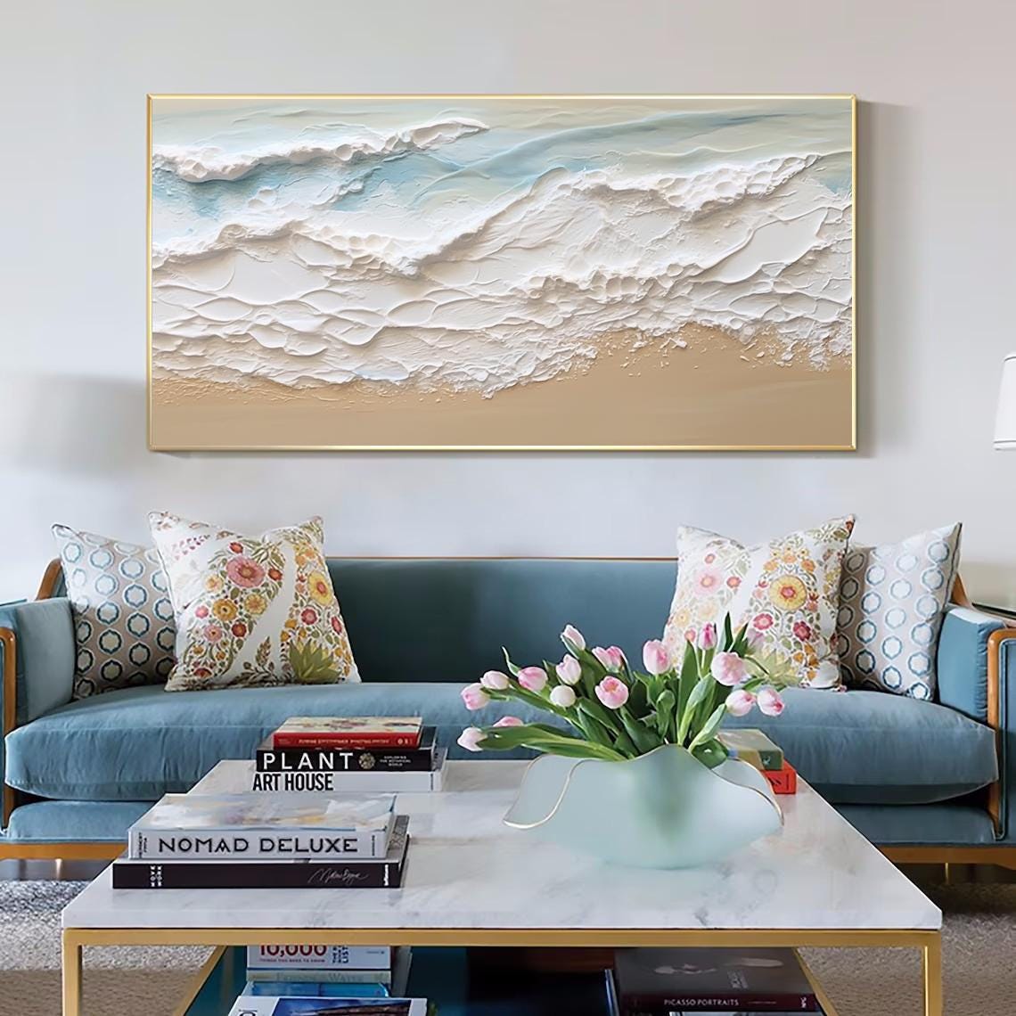 3D Minimalist Ocean Painting on Canvas Textured Wall Art Earth Tone Seawaves Art Wabi-Sabi Wall Art Living Room Painting Fashion Room Decor