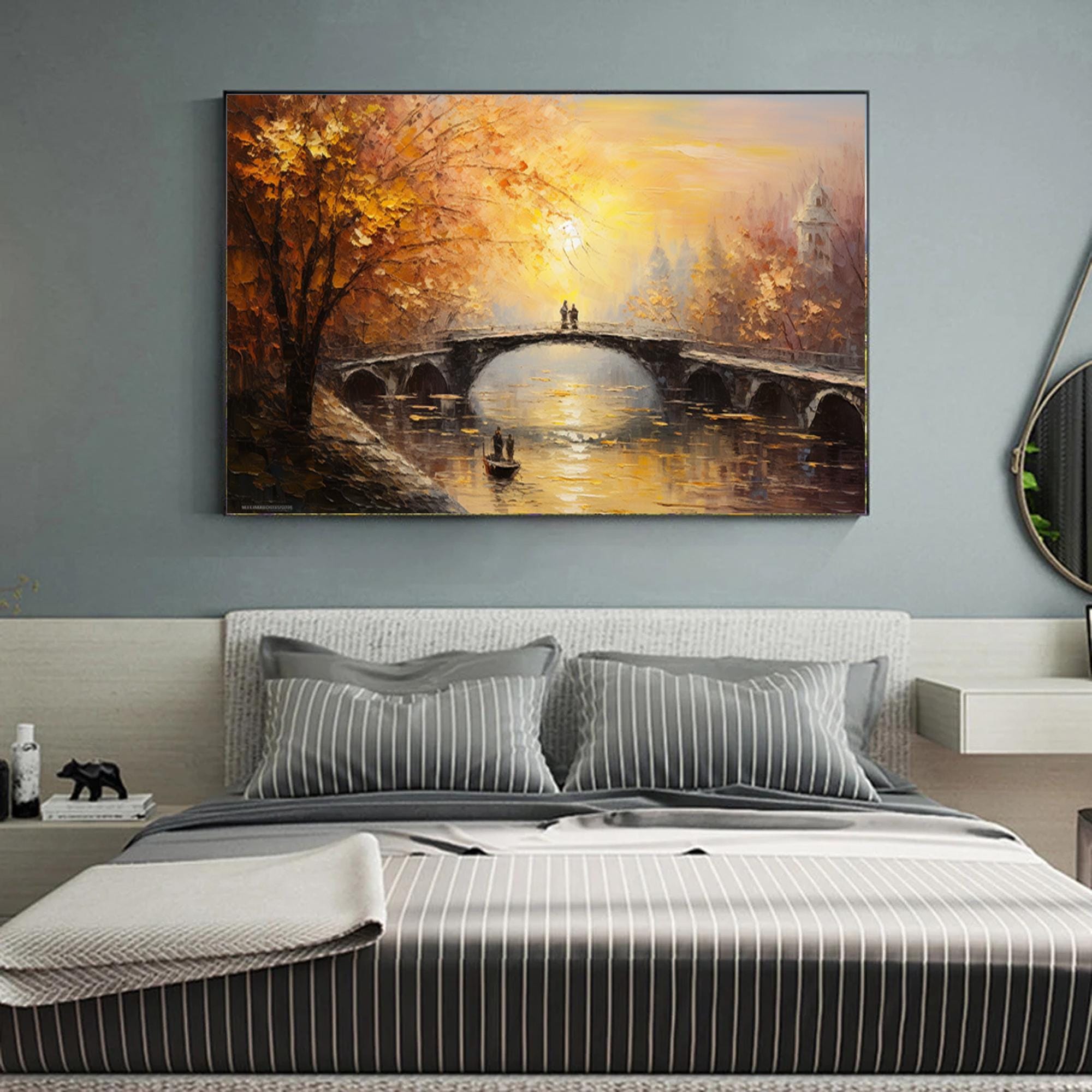 Large morning sunraise painting,Abstract bridge sundown Wall Art,Original textured landscape canvas art,Nautical oil painting art on Canvas