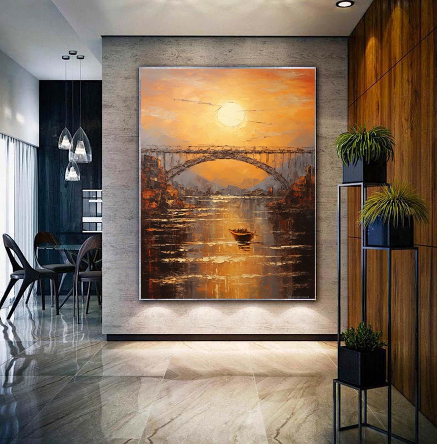 Abstract sundown on bridge Wall Art,Large morning sunrise painting,Original textured landscape canvas art,Nautical painting art on Canvas