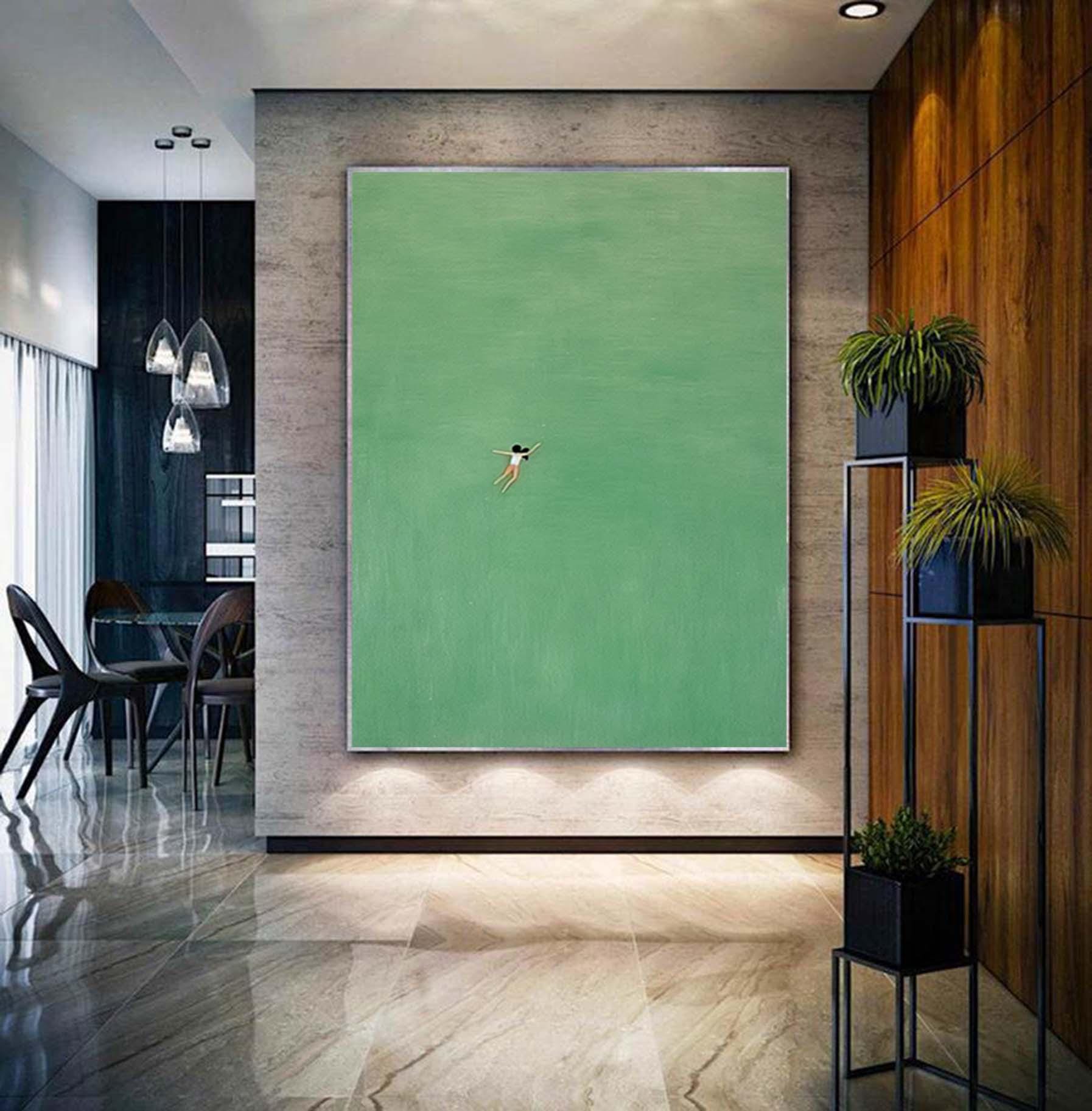 Swimming Into The Sea Green Ocean Painting Vintage Retro Painting Green Minimalist Painting Landscape Painting Holiday Style Art Home Decor