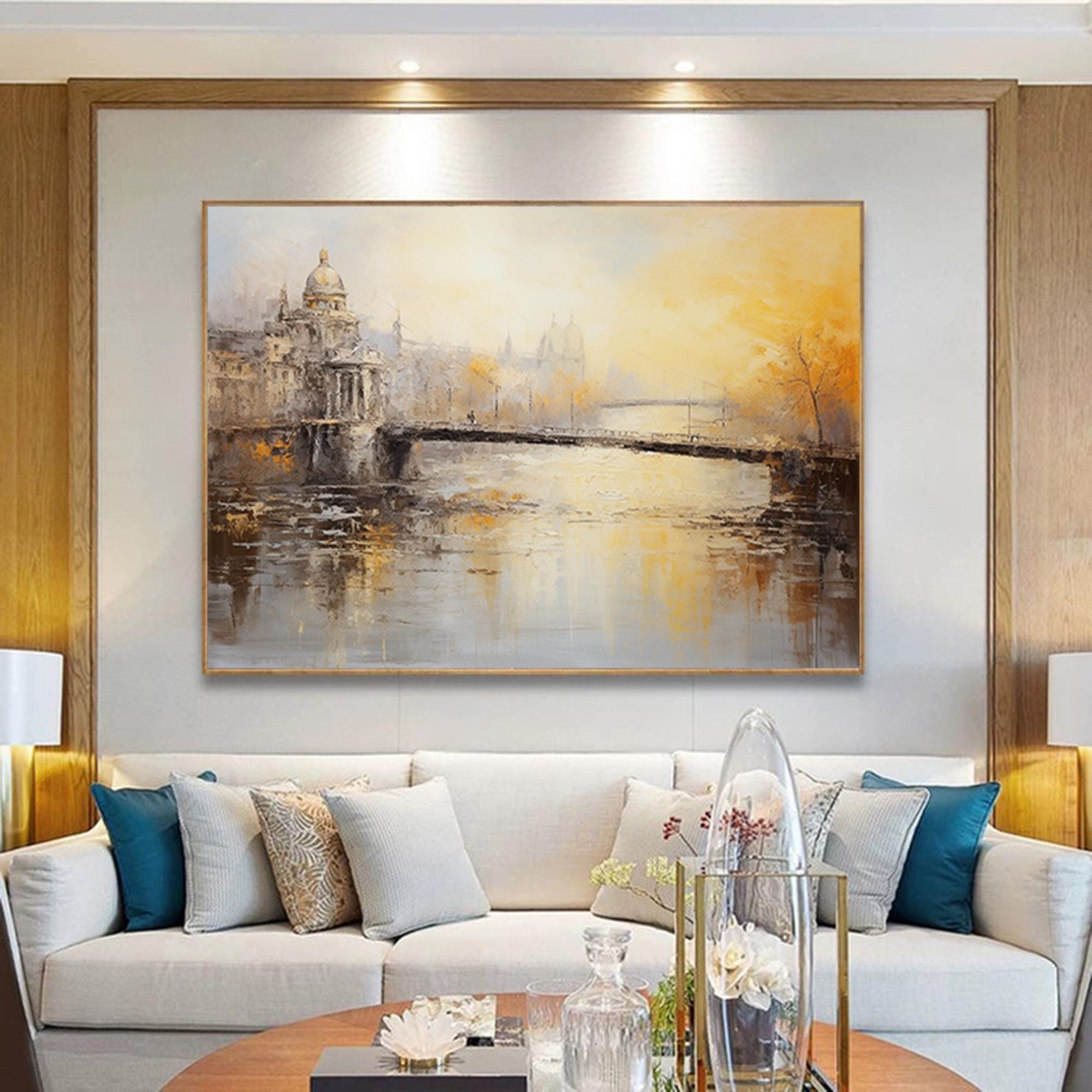 Abstract antique bridge Wall Art,Large foggy morning painting,Original textured landscape canvas art,Nautical oil painting art on Canvas