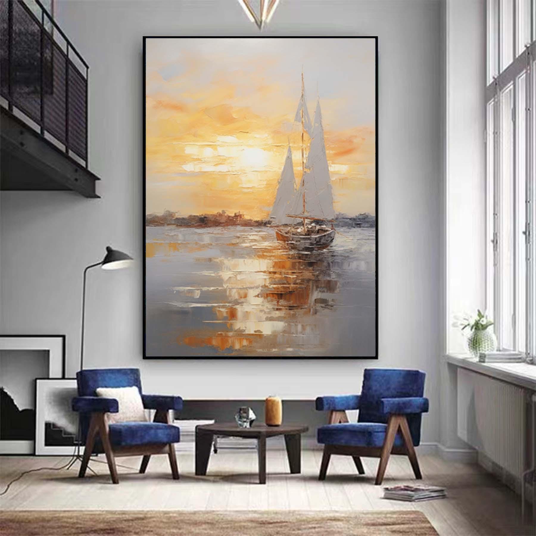 Large sailboat oil painting,Gray Gold Abstract Port Morning Sundown Wall Art,Original landscape to paint Artwork,Nautical oil painting art