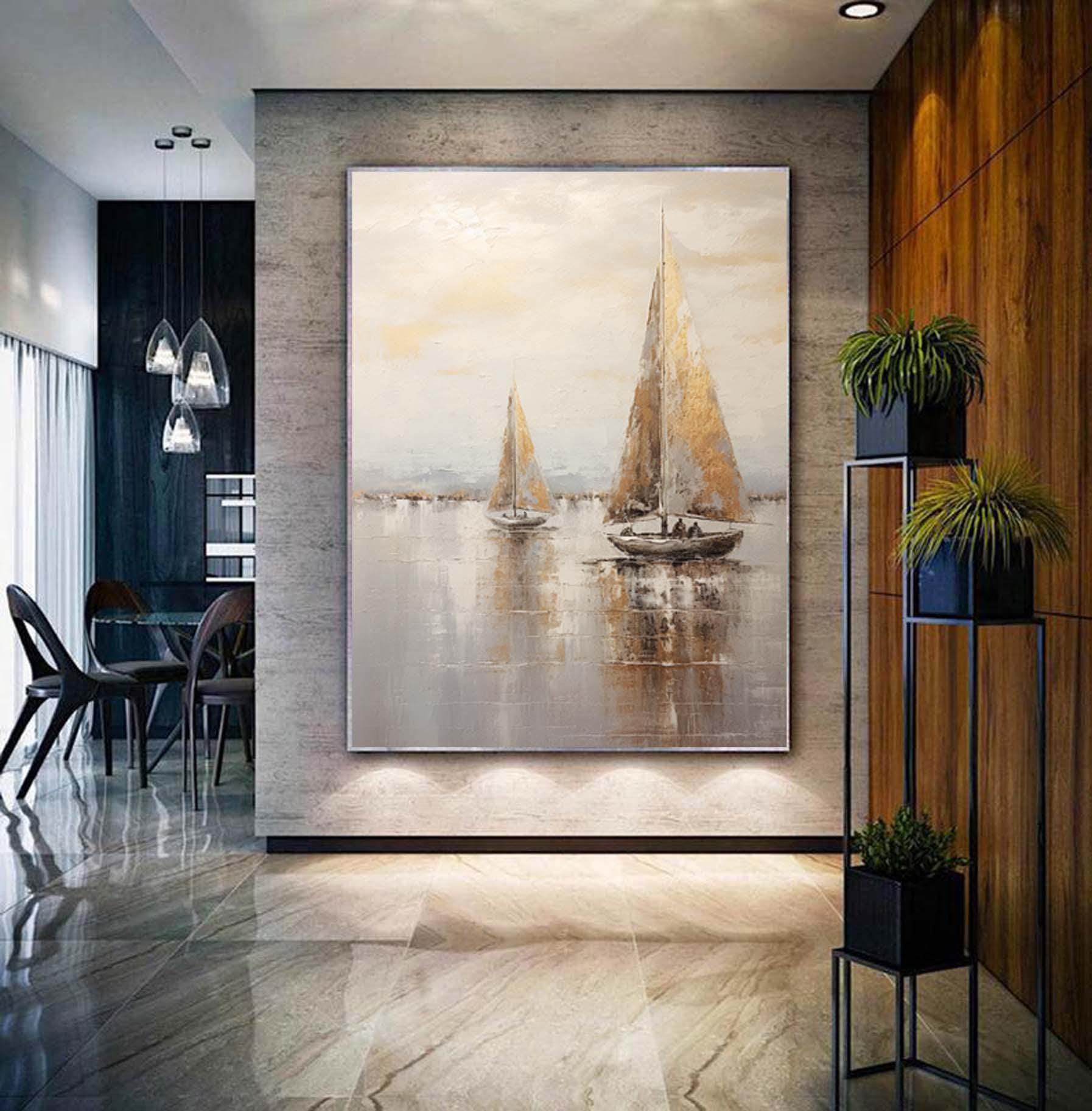 Large sailboat oil painting,Gray Gold Abstract Port Morning Sundown Wall Art,Original landscape to paint Artwork,Nautical oil painting art