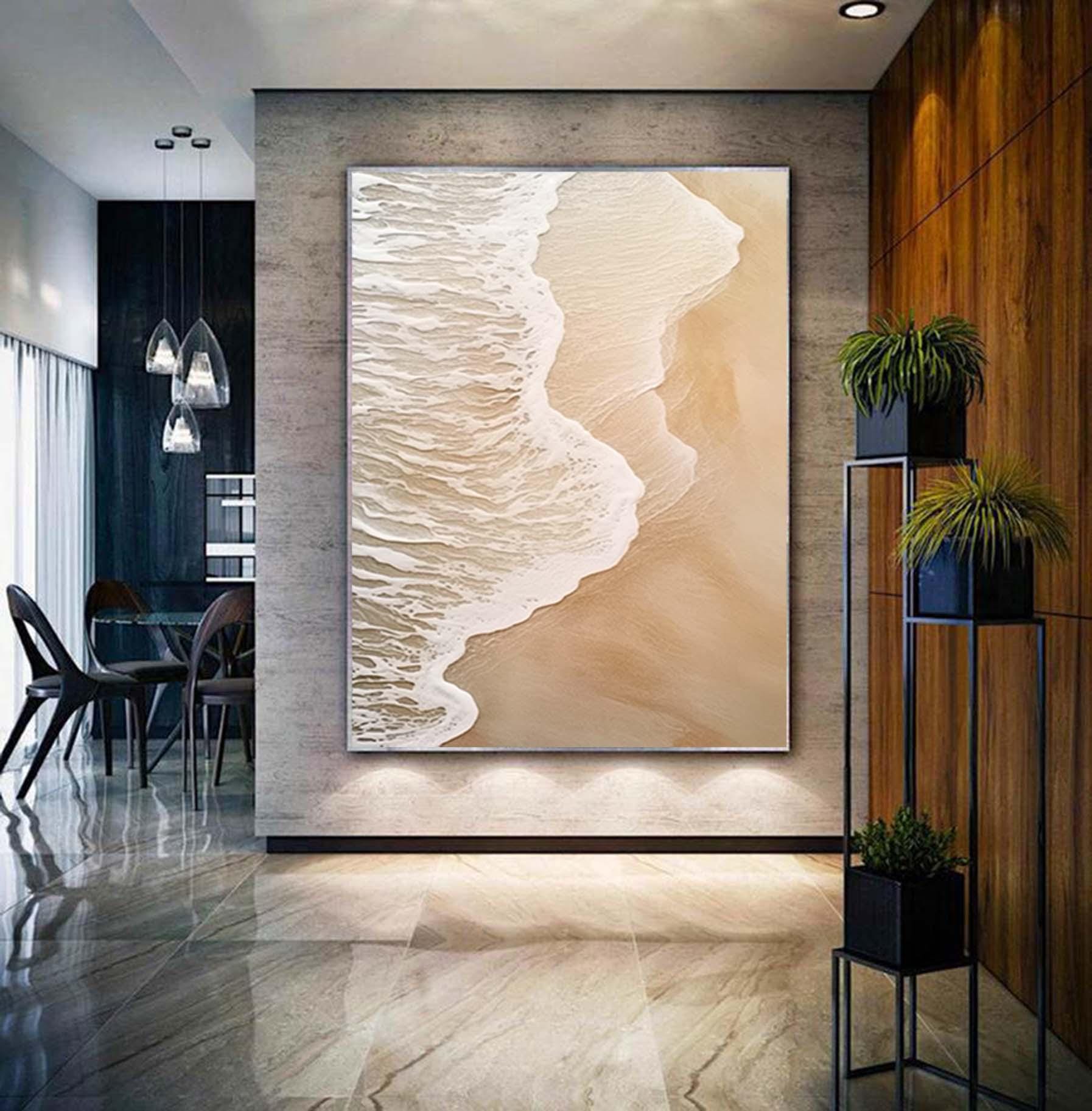 Extra Large Wabi-Sabi Seawaves Painting,Large Beige White 3D Textured Painting,Oversized Textured Minimalist Abstract Wall Art for Home