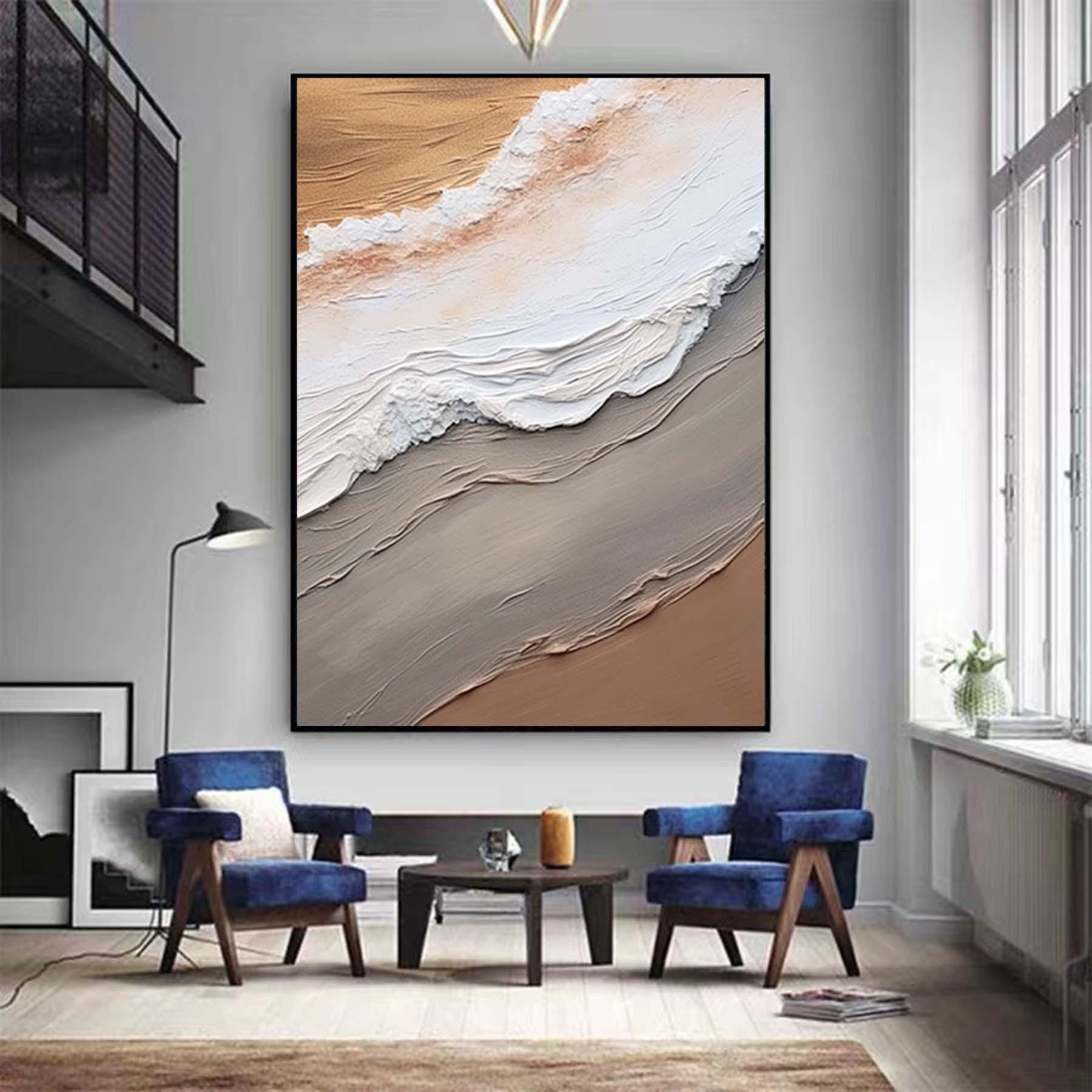 Extra Large Wabi-Sabi Seawaves Painting,Large Beige White 3D Textured Painting,Oversized Textured Minimalist Abstract Wall Art for Home
