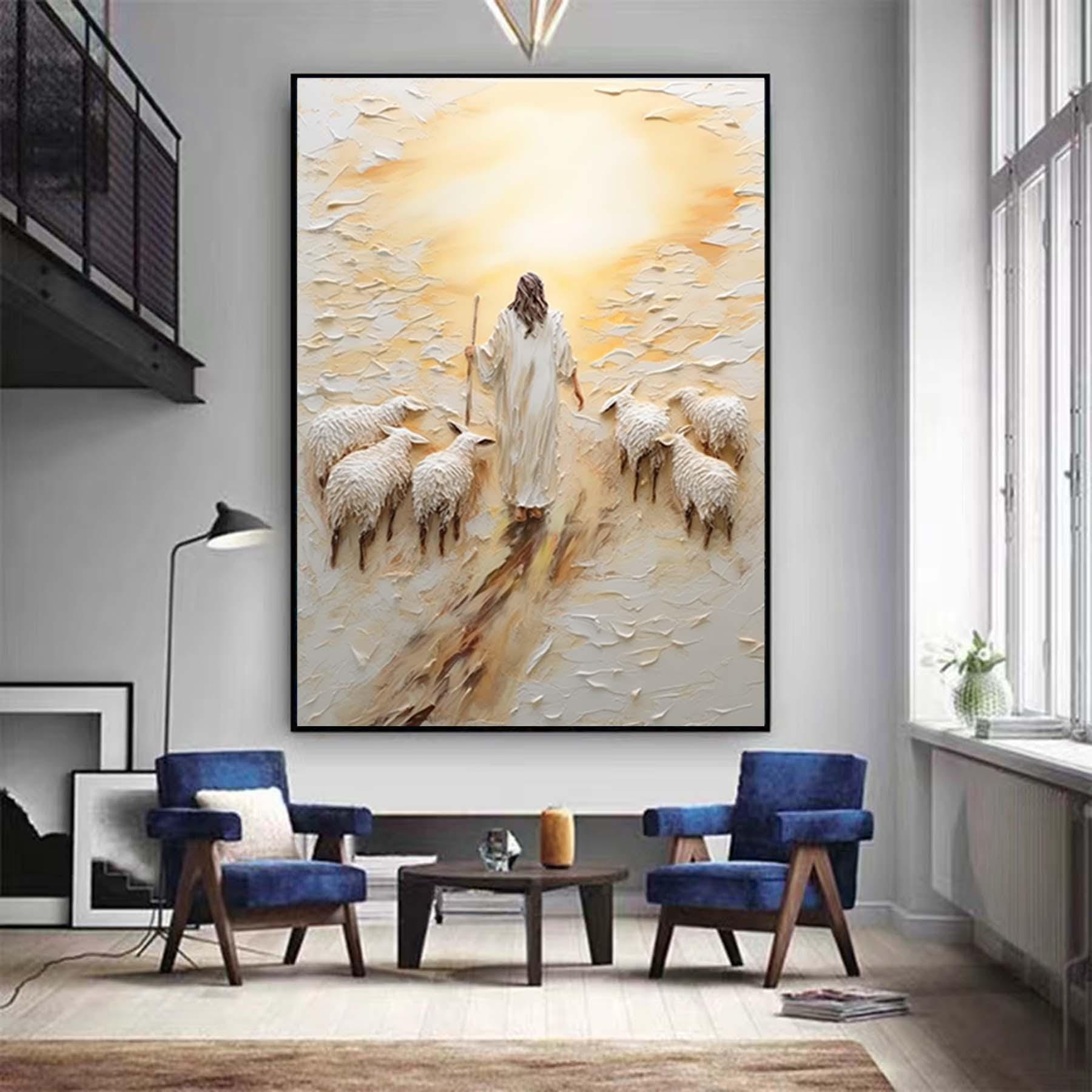 The Good Shepherd Jesus Christ Painting,Modern christian art, Abstract religious wall art,Extra Large 3D Textured Paintings,Textured art