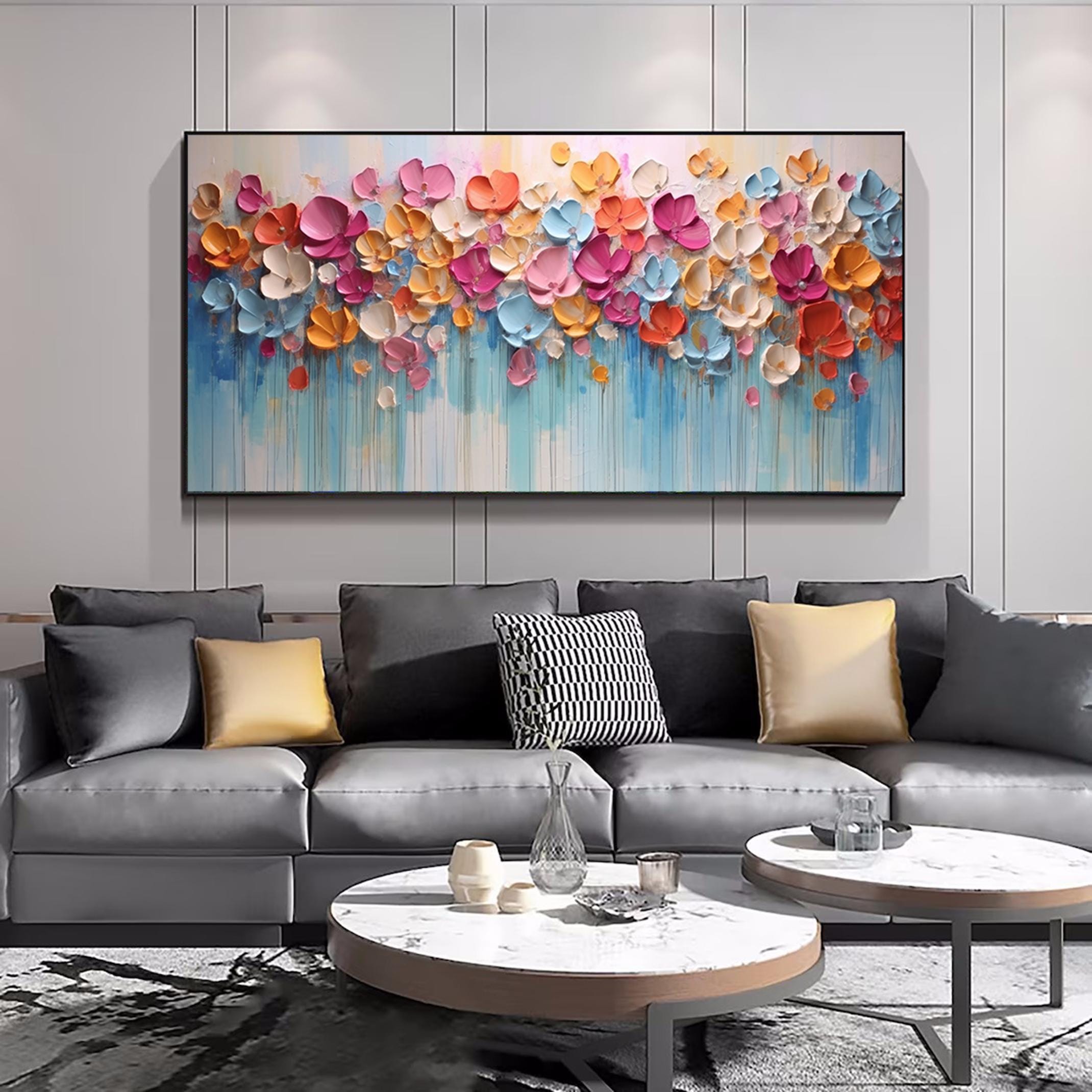 Hand Painted Thick Texture Petal Knife Painting 3D Colorful Abstract Canvas Wall Art Contemporary Home Decor Customized Sofa Artwork