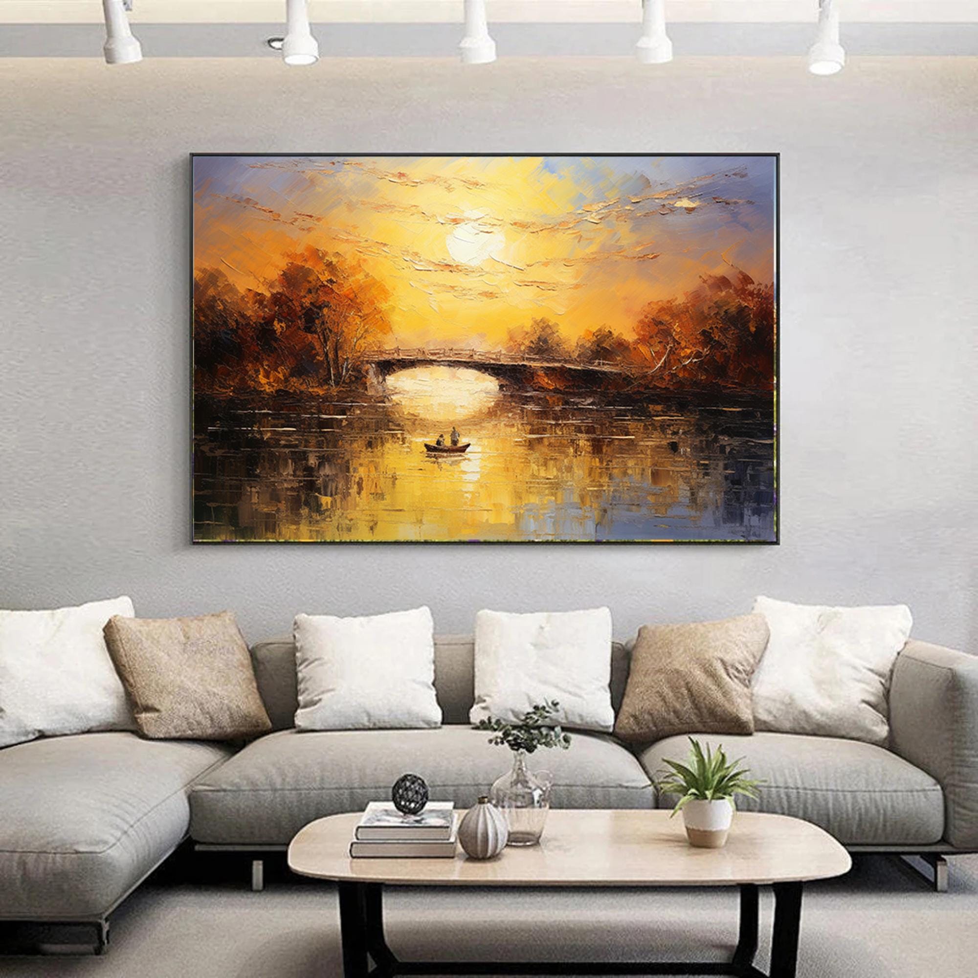 Large Sunrise Landscape Painting: Abstract Bridge, Nautical Canvas Art