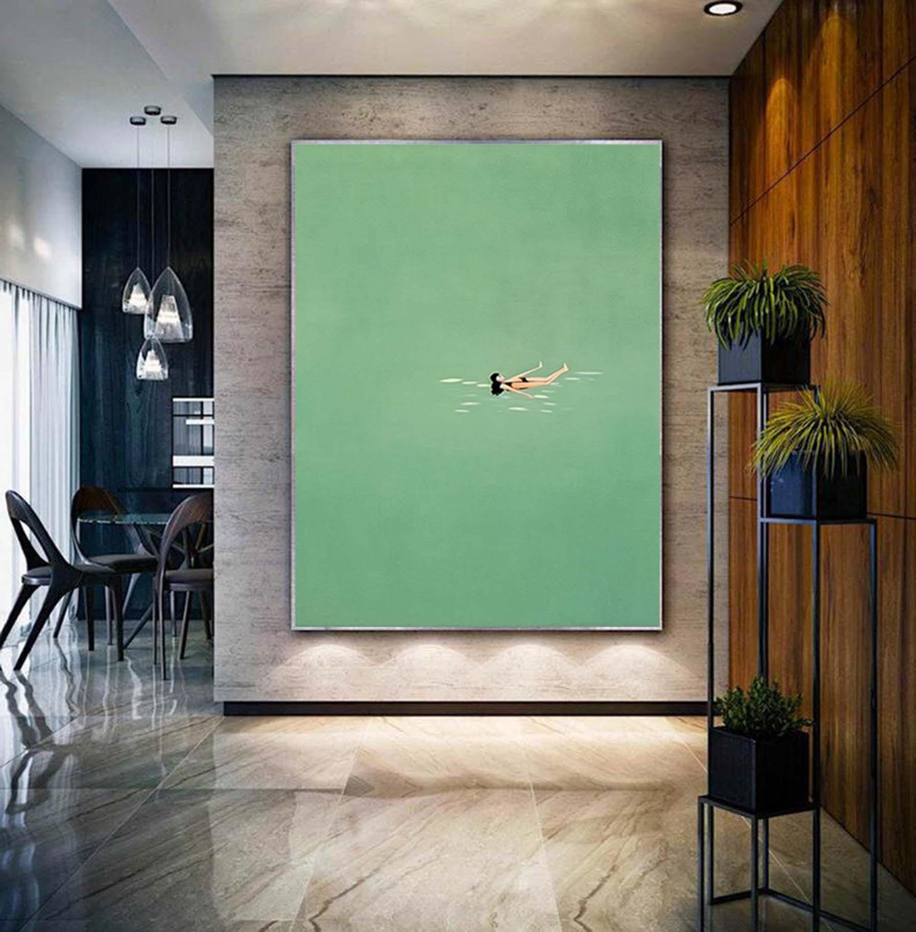 Swimming Into The Sea Green Ocean Painting Vintage Retro Painting Green Minimalist Painting Landscape Painting Holiday Style Art Home Decor