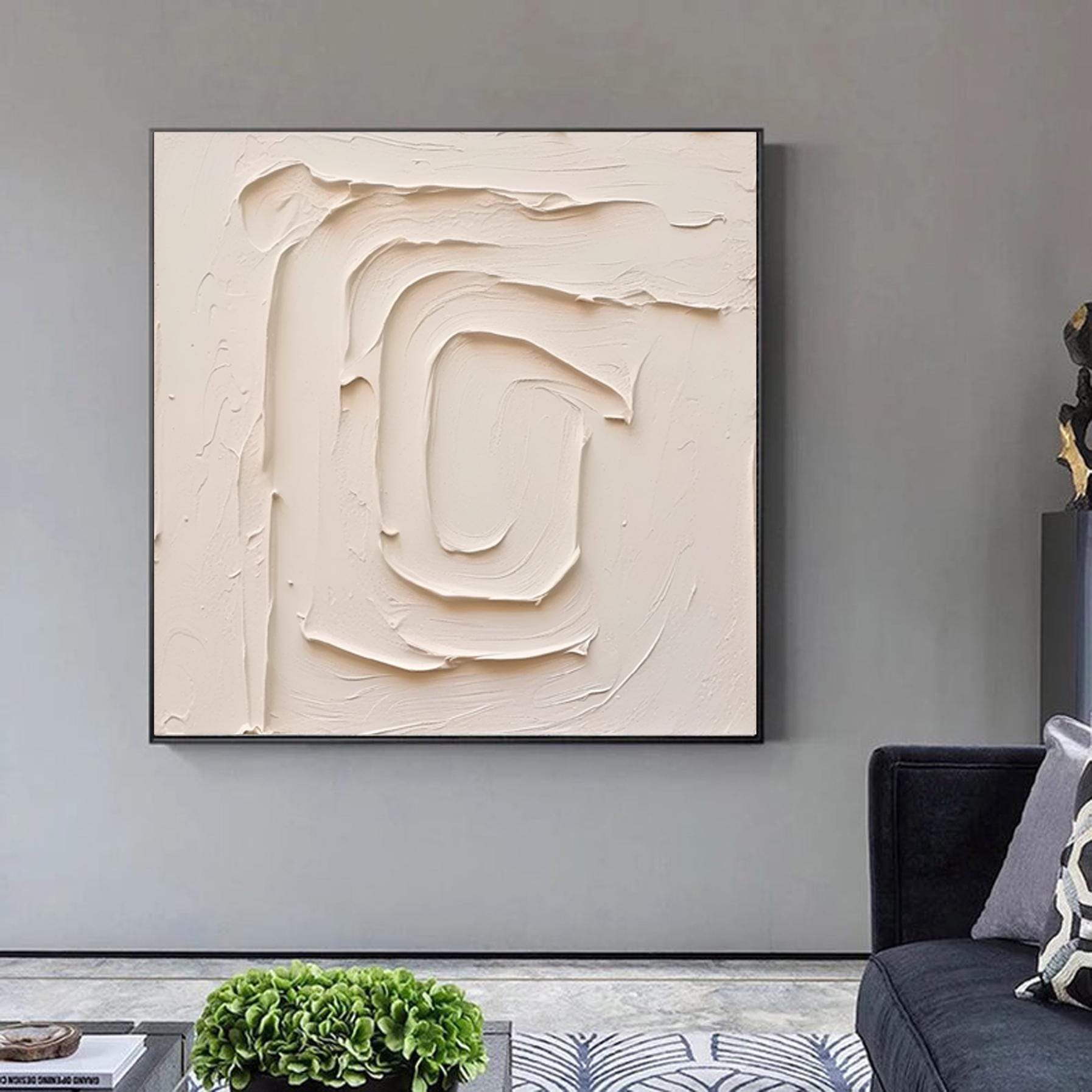 Large Geometric Abstract Painting,Original Beige Painting, Square 3D Textured Art, Modern painting for Living Room, Minimalist Canvas Art
