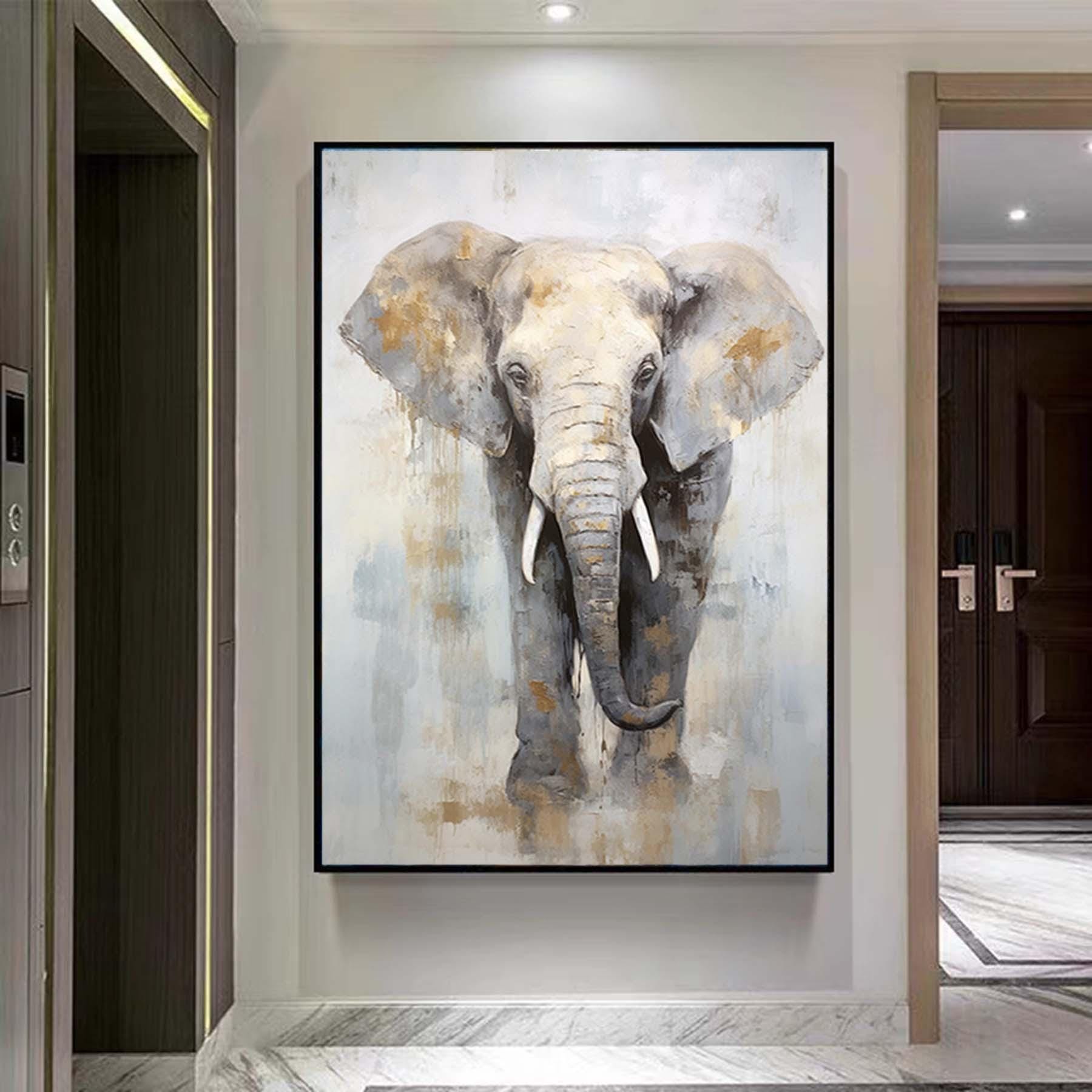 Large Abstract Elephant Painting,Gray Gold Textured Painting,Oversized Animal Wall Art,Living Room Wall Abstract Art ,Extra Large Canvas Art