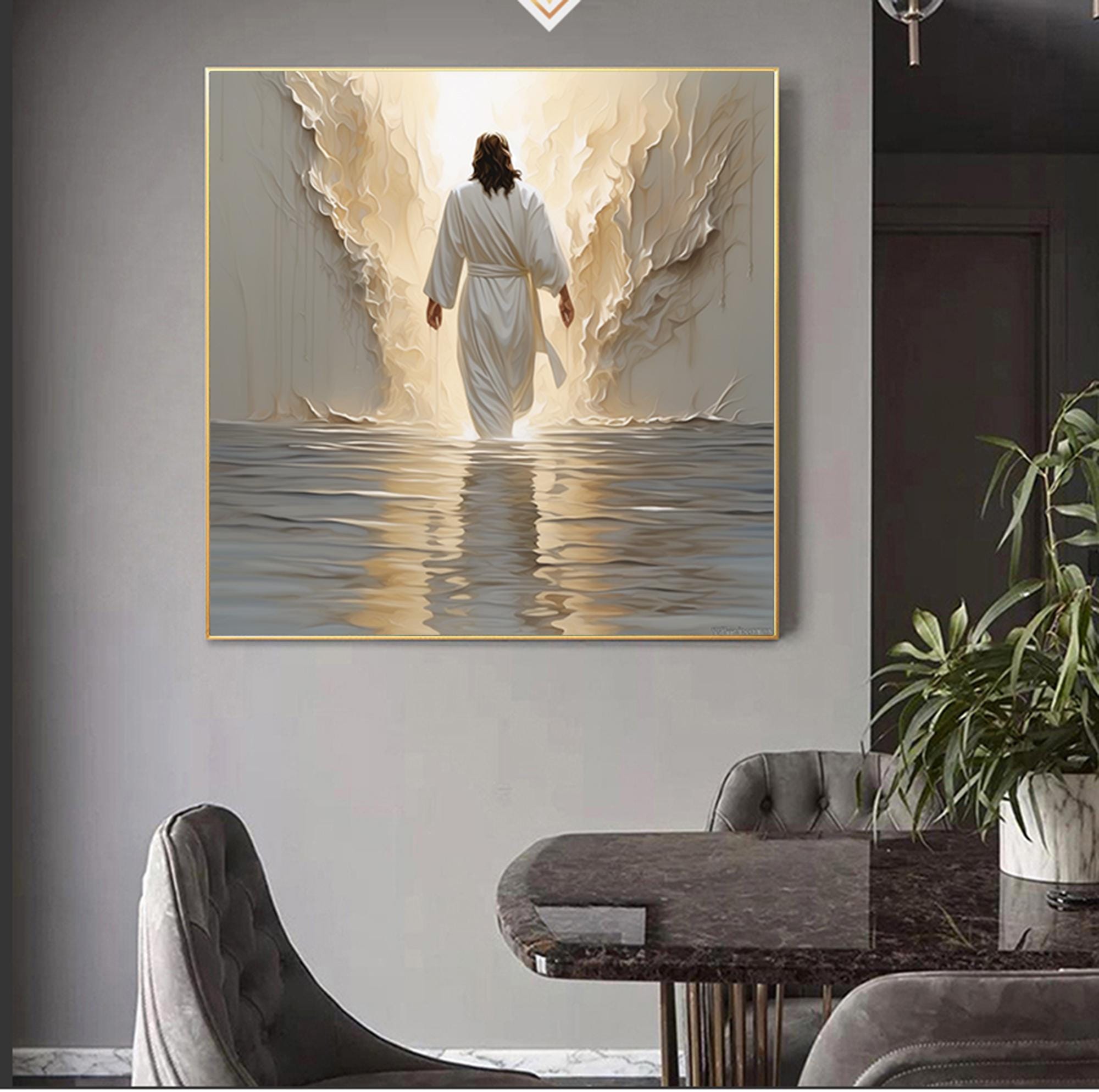 Jesus walking on water wall art,White 3D Abstract painting,Extra Large Textured Paintings,Religious Acrylic Paintings, Modern christian art