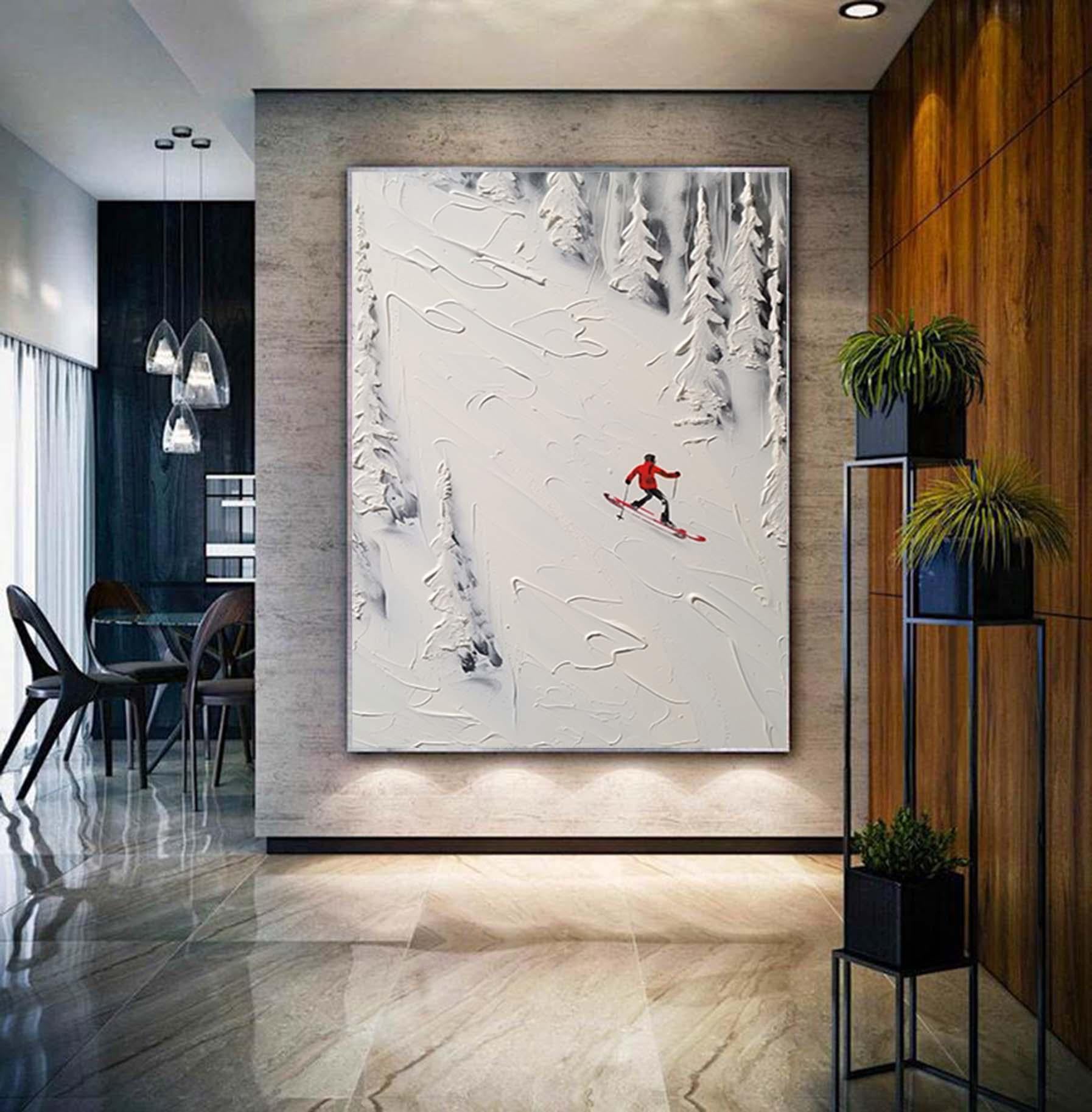 White Ski Canvas Oil Painting, Ski Resort Texture Art, Snow Mountain Hand Painting, Ski Sport Art, Living Room Decor Art Newlywed Decor