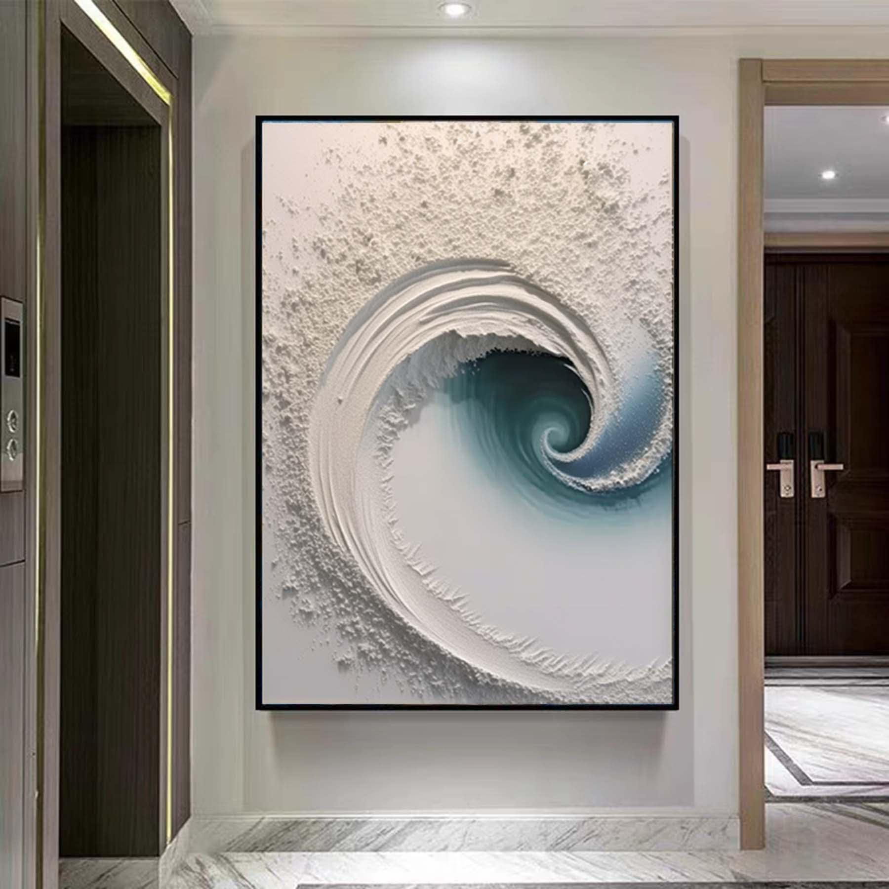 Extra Large Wabi-Sabi Seawaves Painting,Large White Green 3D Textured Painting,Oversized Textured Minimalist Abstract Wall Art for Home