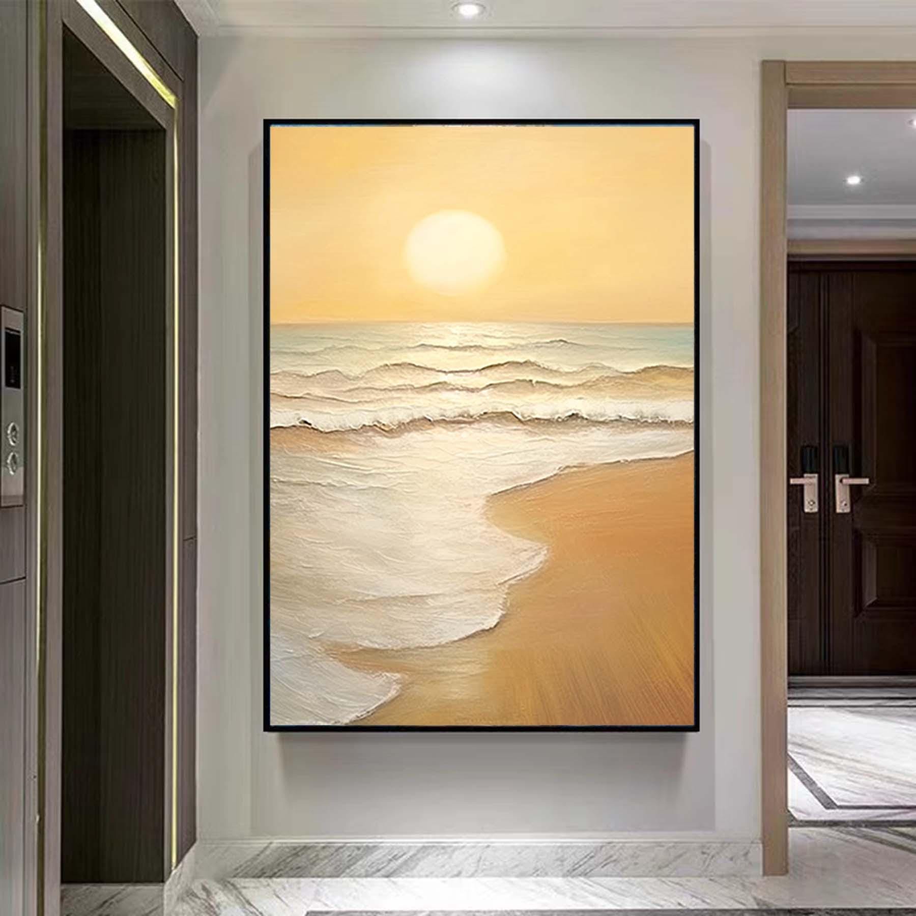 Extra Large Wabi-Sabi Seawaves Painting,Large Beige Sunset on Ocean Textured Painting,Oversized Minimalist Abstract Wall Art for Home