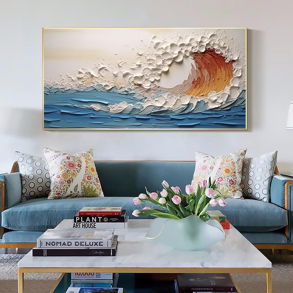 Large Colorful Abstract Wall Art Impasto Ocean Waves Oil Painting Bed Room Wall Art 3d Textured Canvas Art Acrylic Painting Modern Wall Art