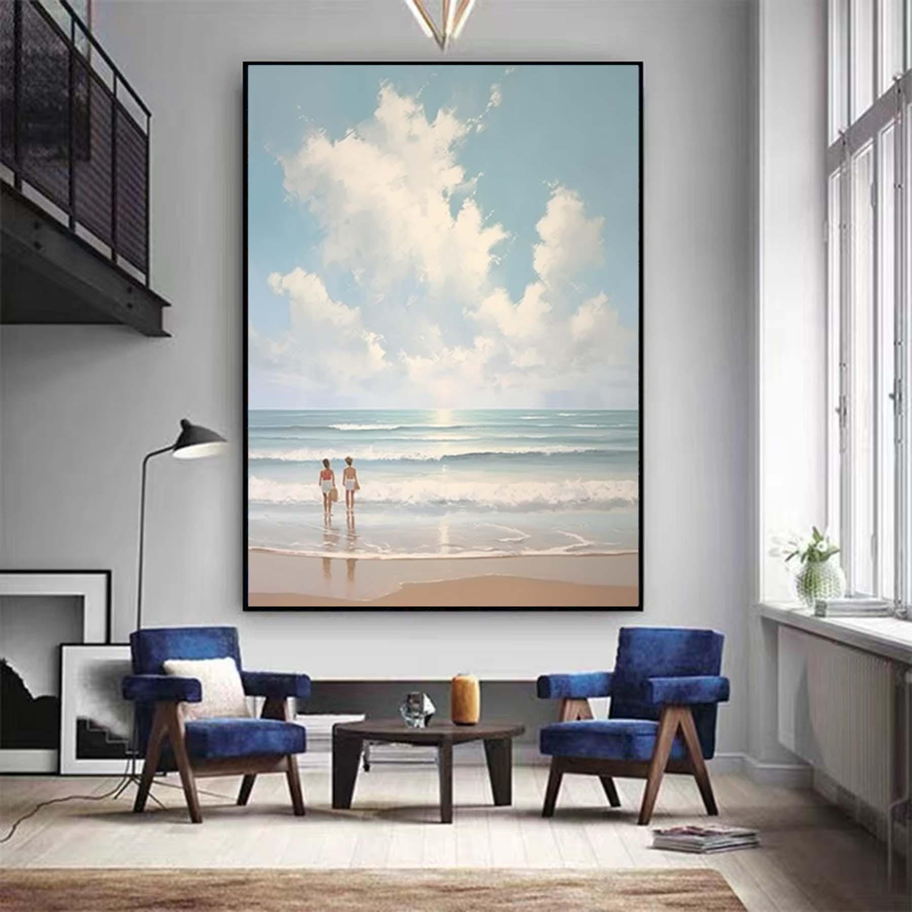 Extra Large Summer Vacation Seawaves Painting,Large Ocean SeascapeTextured Painting,Oversized Textured Minimalist Abstract Wall Art for Home