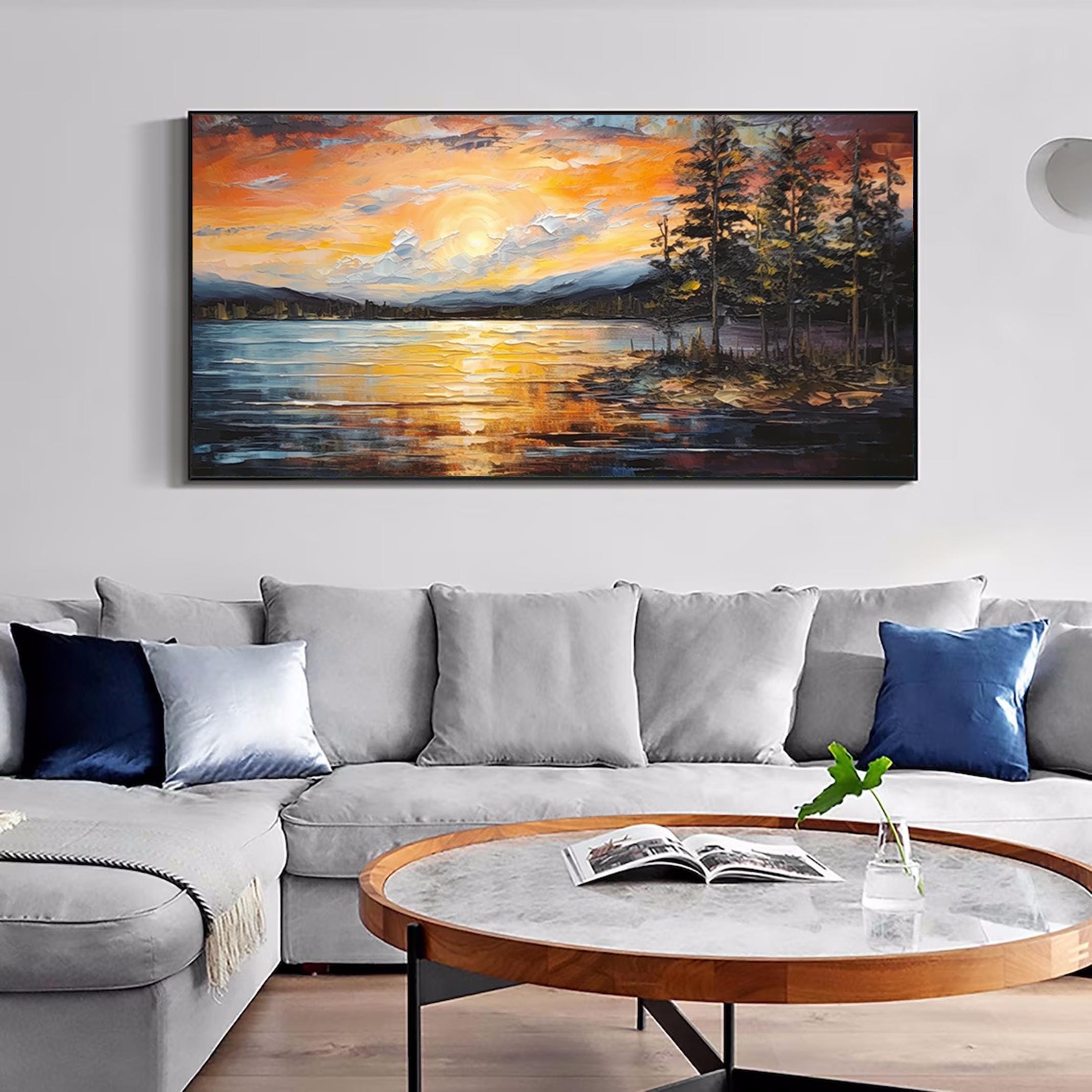 Original Sunset Painting on Canvas Original Minimalist Abstract River Wall Art Living Room Wall Art Abstract Impasto 3d Texture Wall Art