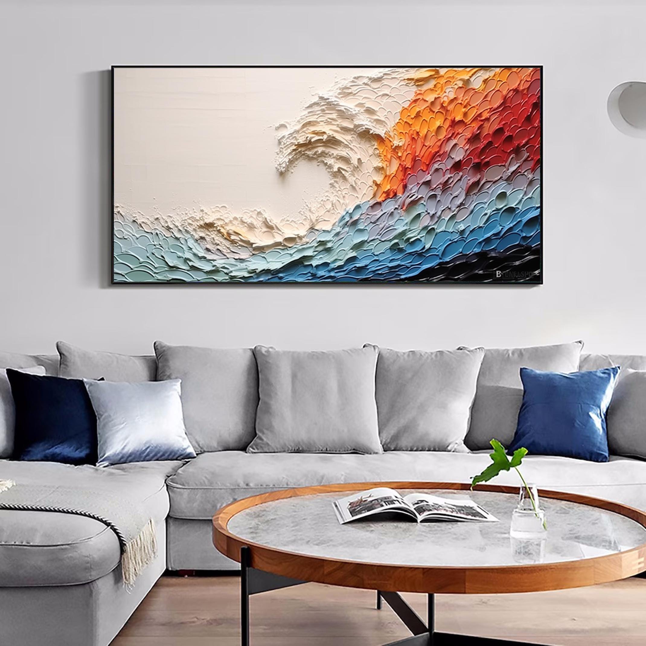 Large Colorful Abstract Wall Art Impasto Ocean Waves Oil Painting Bed Room Wall Art 3d Textured Canvas Art Acrylic Painting Modern Wall Art
