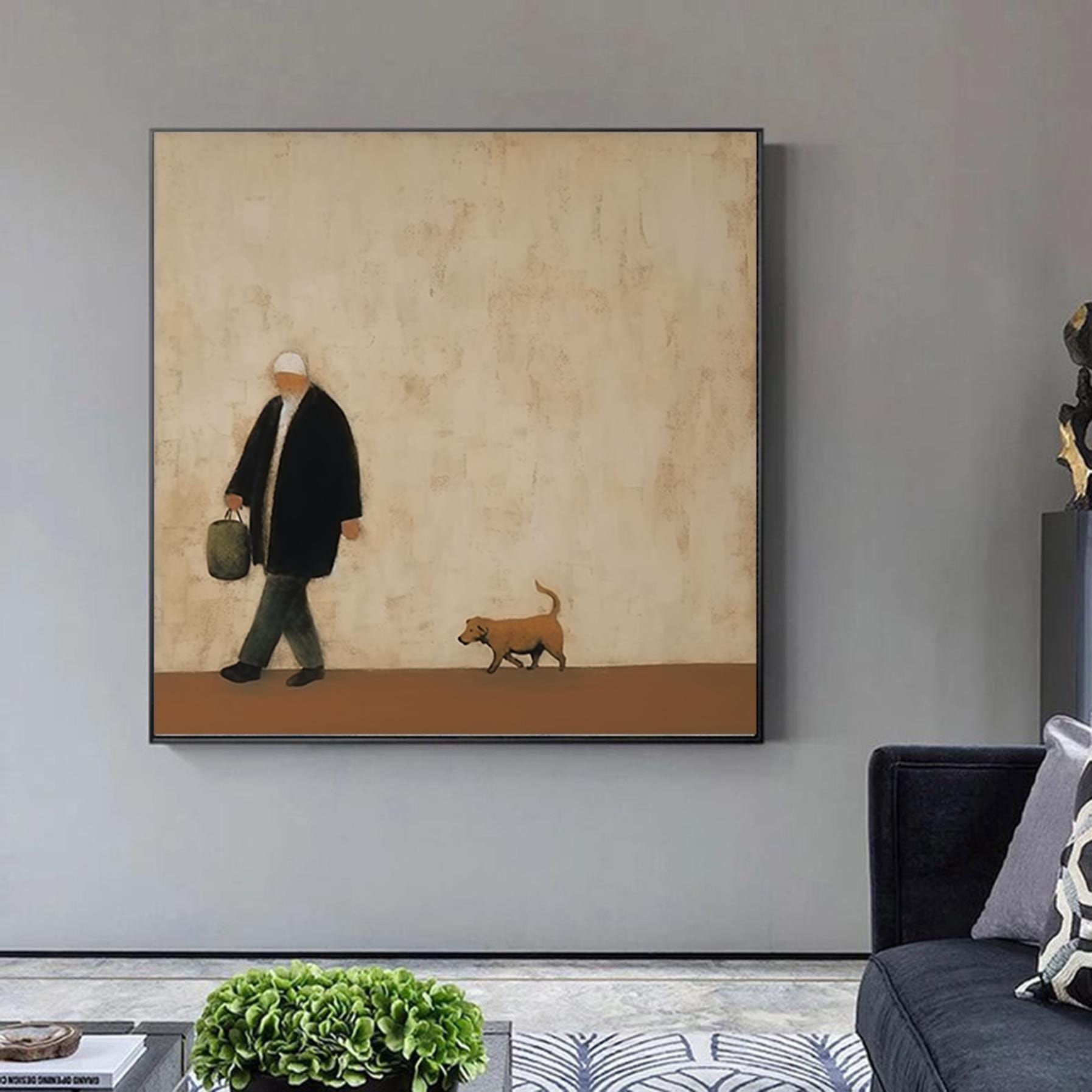 Abstract Old Man With Dog Painting Brown Wabi-Sabi minimalist Wall Art Oversized Textured Hand-Painted Canvas Neutral Minimalist Wall Art