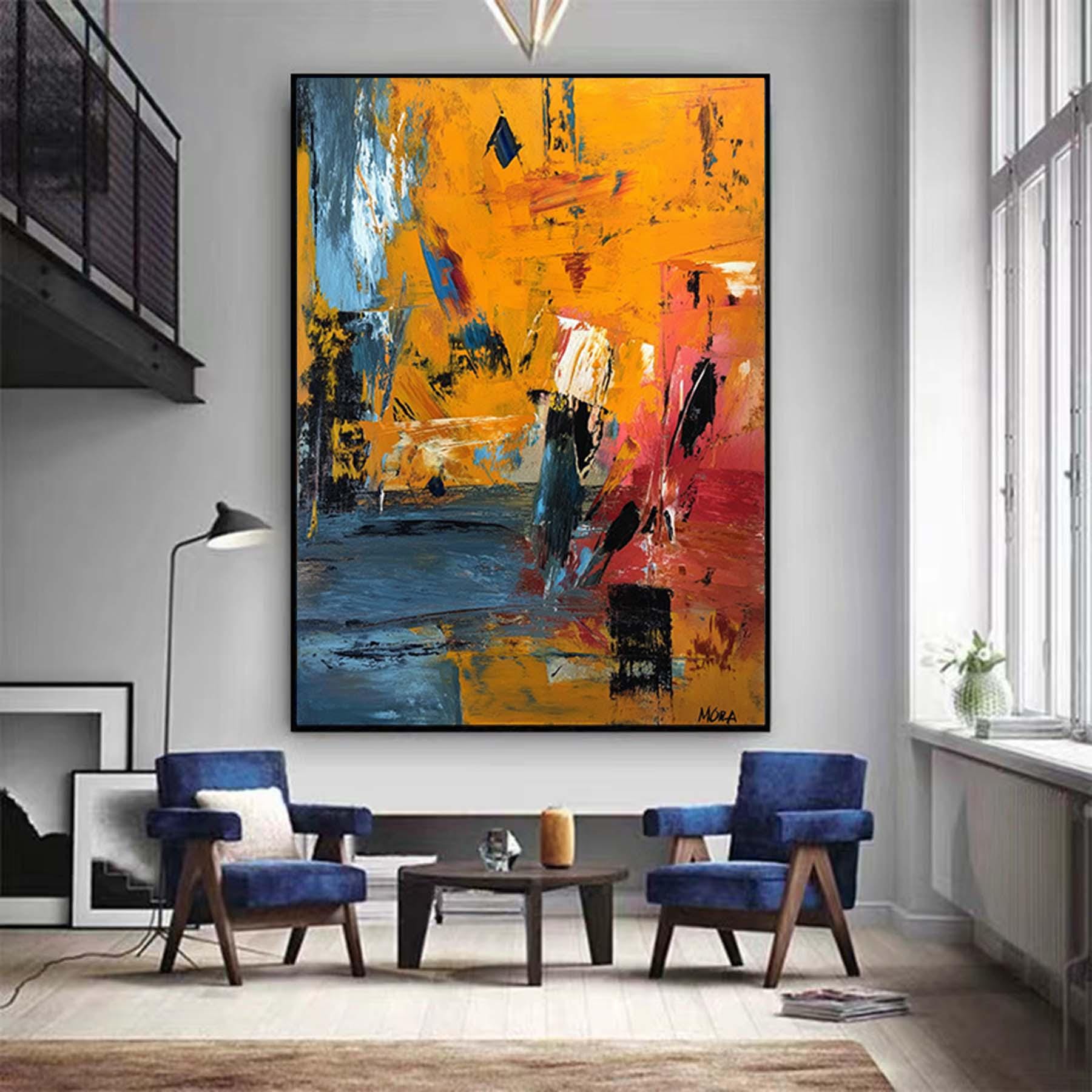 Large Yellow Abstract Painting, Textured Palette Knife Art