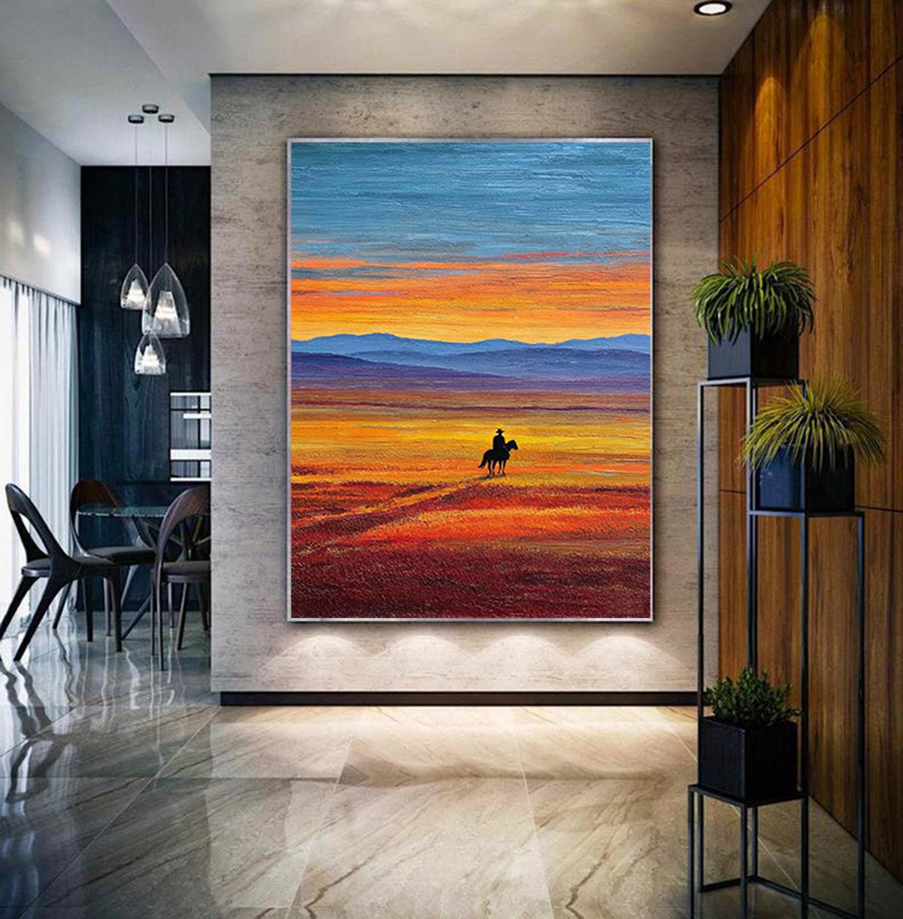 Minimalist Landscape Textured Painting Abstract Man Rides Horse Wall Art Oversized Abstract Canvas Art Modern Living Room Artwork
