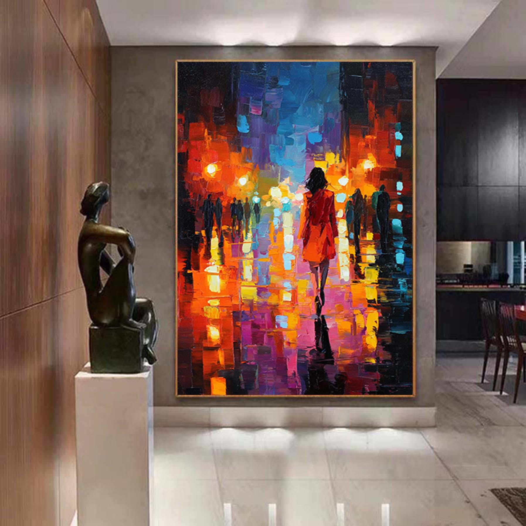 Abstract Girl Walks at Night Street Painting,Impressionism Textured Wall Art,Oversized Figurative Canvas Art,Large Living Room Artwork