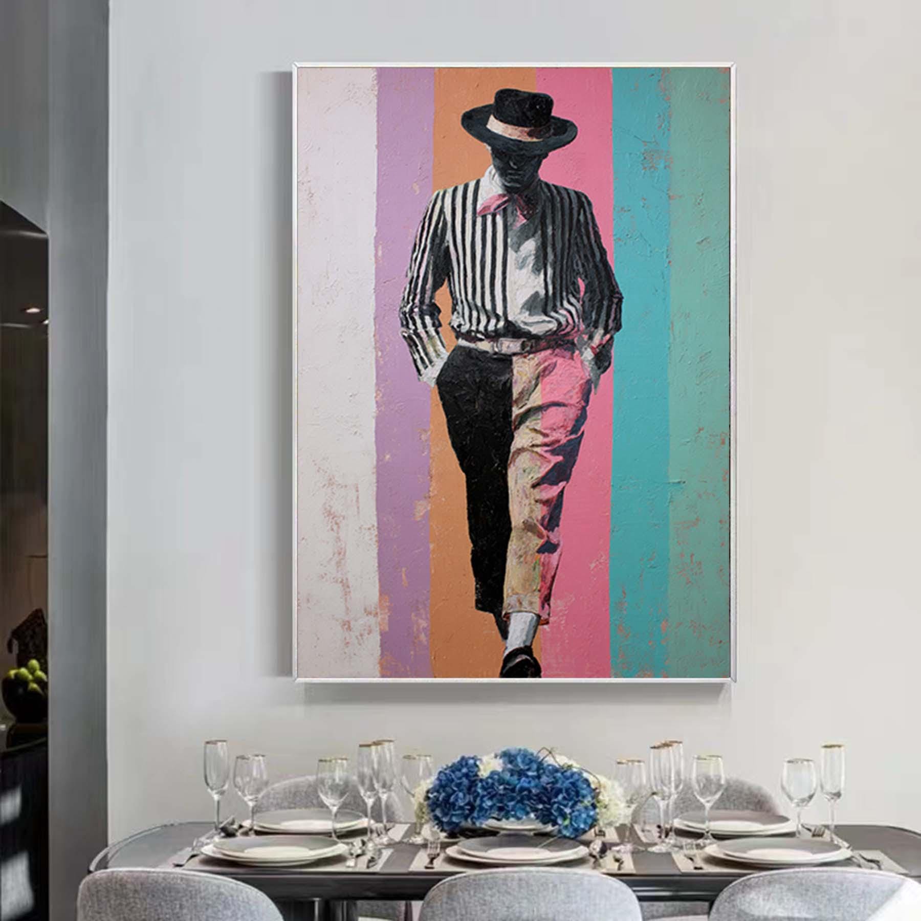 Minimalist Figurative Portrait Custom Striped Outfit & Cool Man Hat Unique Perfect for Home Decor or Gift Hand-Painted Modern Abstract Art