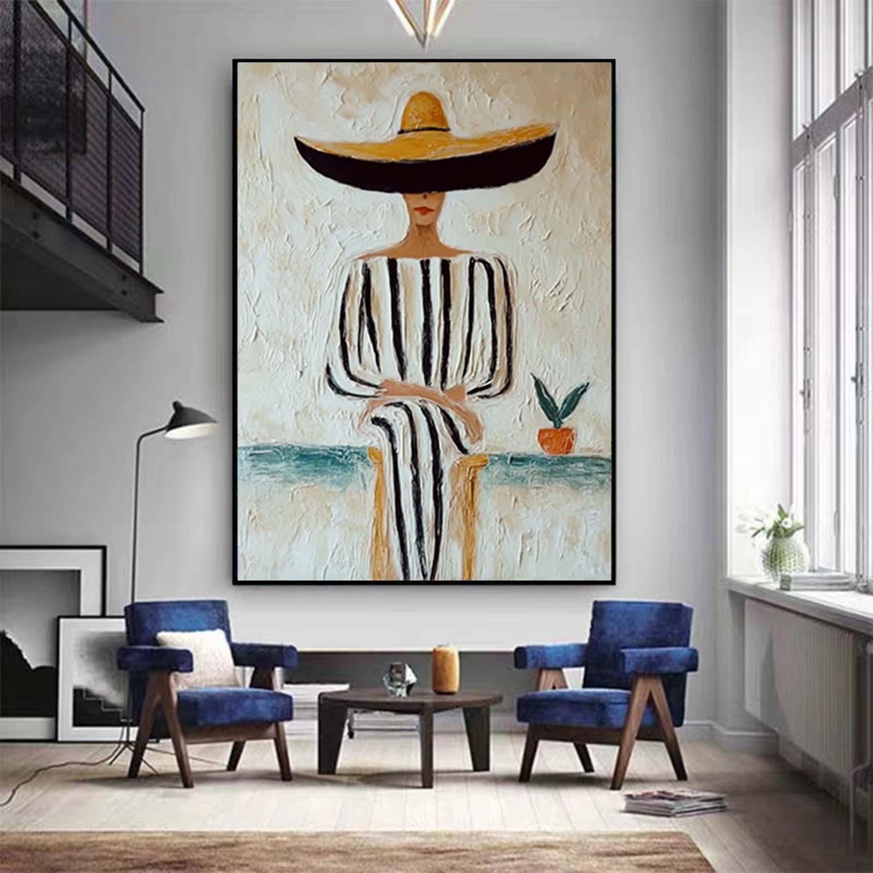 Minimalist Figurative Portrait Custom Hand-Painted Modern Abstract Art Striped Outfit & Mexican Hat Unique Perfect for Home Decor or Gift