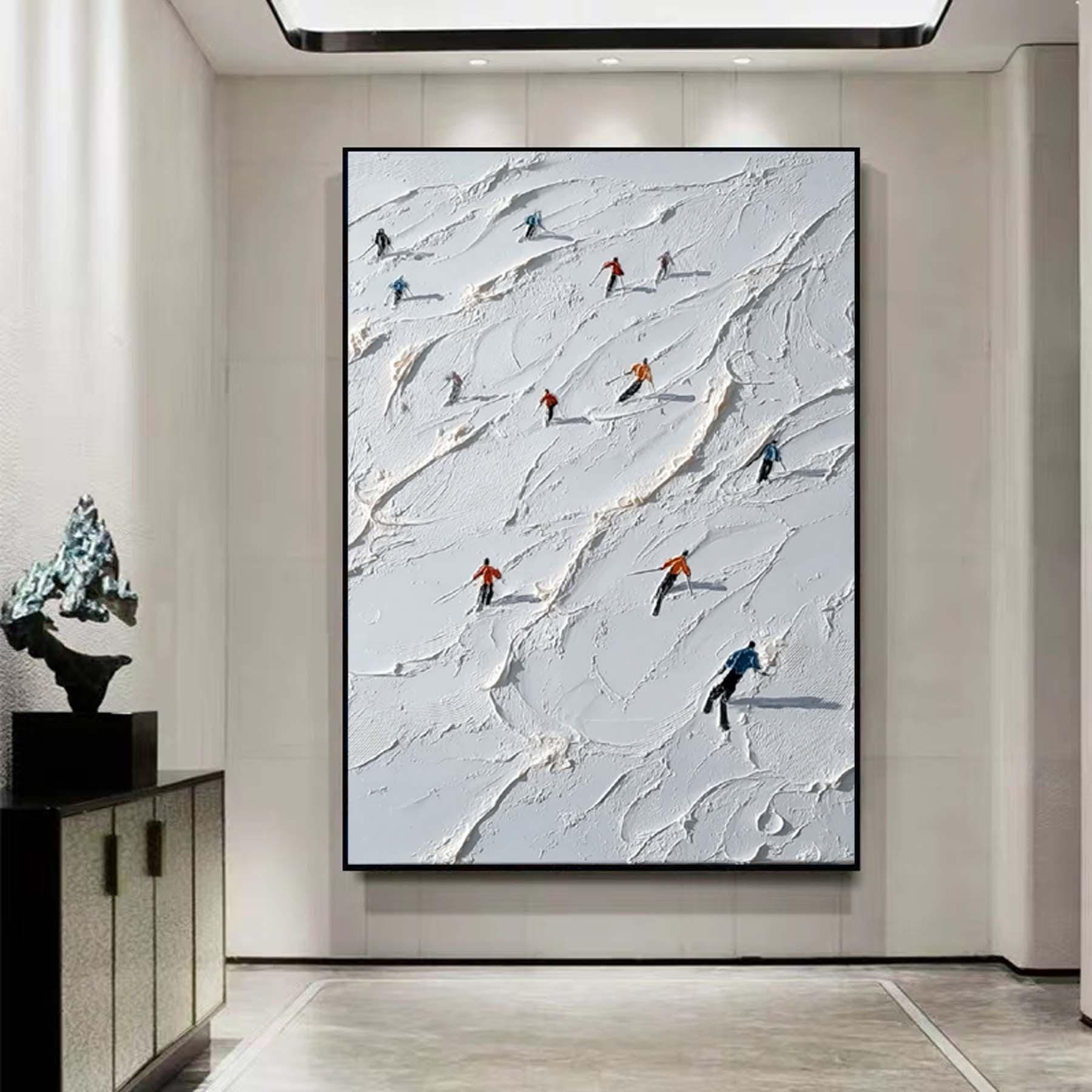 White Ski Canvas Oil Painting, Ski Resort Texture Art, Snow Mountain Hand Painting, Ski Sport Art, Living Room Decor Art Newlywed Decor