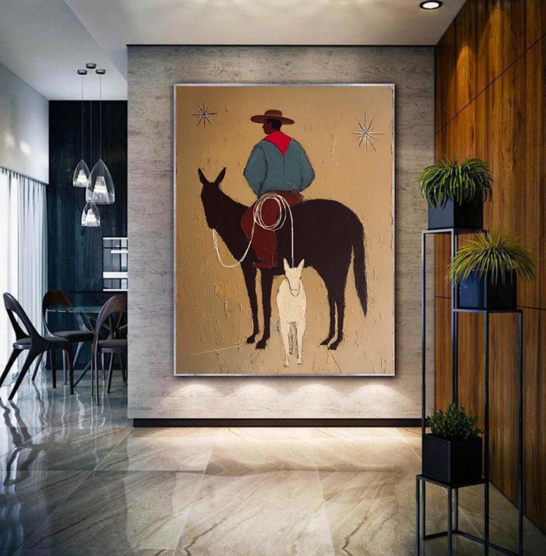 original western cowboy and horse oil painting Japandi western conwboy wall art horse wall art large brown textured wall art man painting