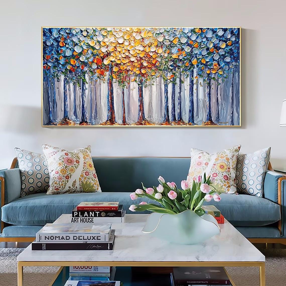 Palette Knife Trees Abstract Painting,Extra Large Landscape Wall Art,Large Textured Paintings,Modern Acrylic Painting,Living Room Canvas Art