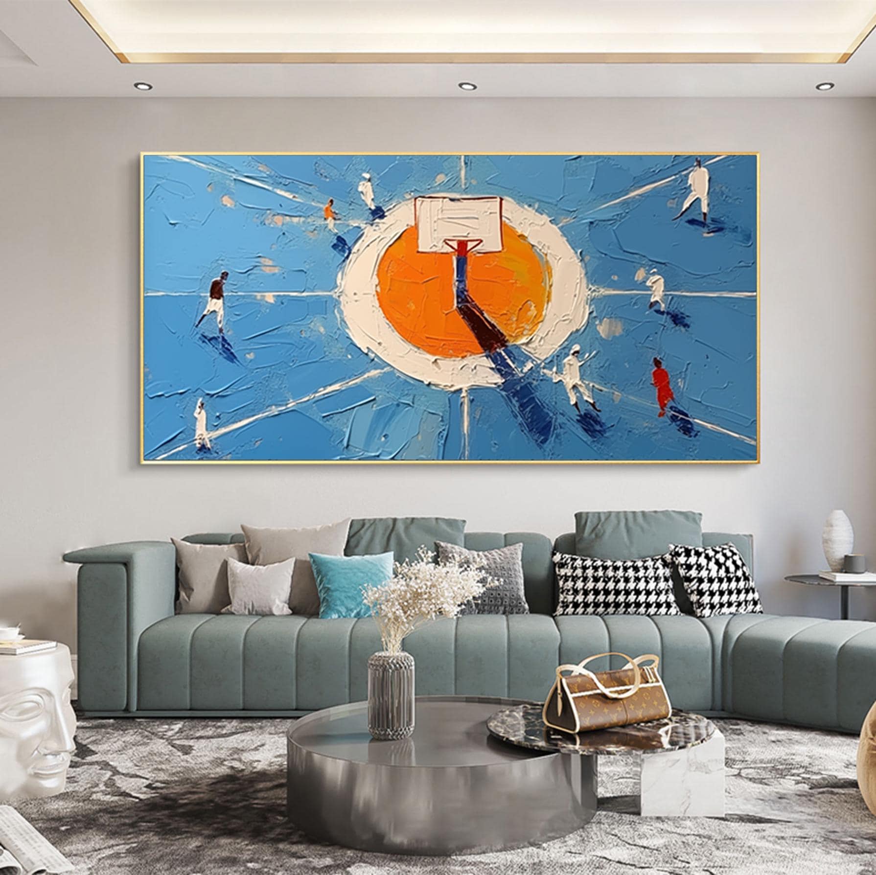 Abstract Basketball Court Canvas Art,Hand-painted Basketball Game Oil Painting, Basketball Sports Wall Decor, Gifts for Basketball Lovers