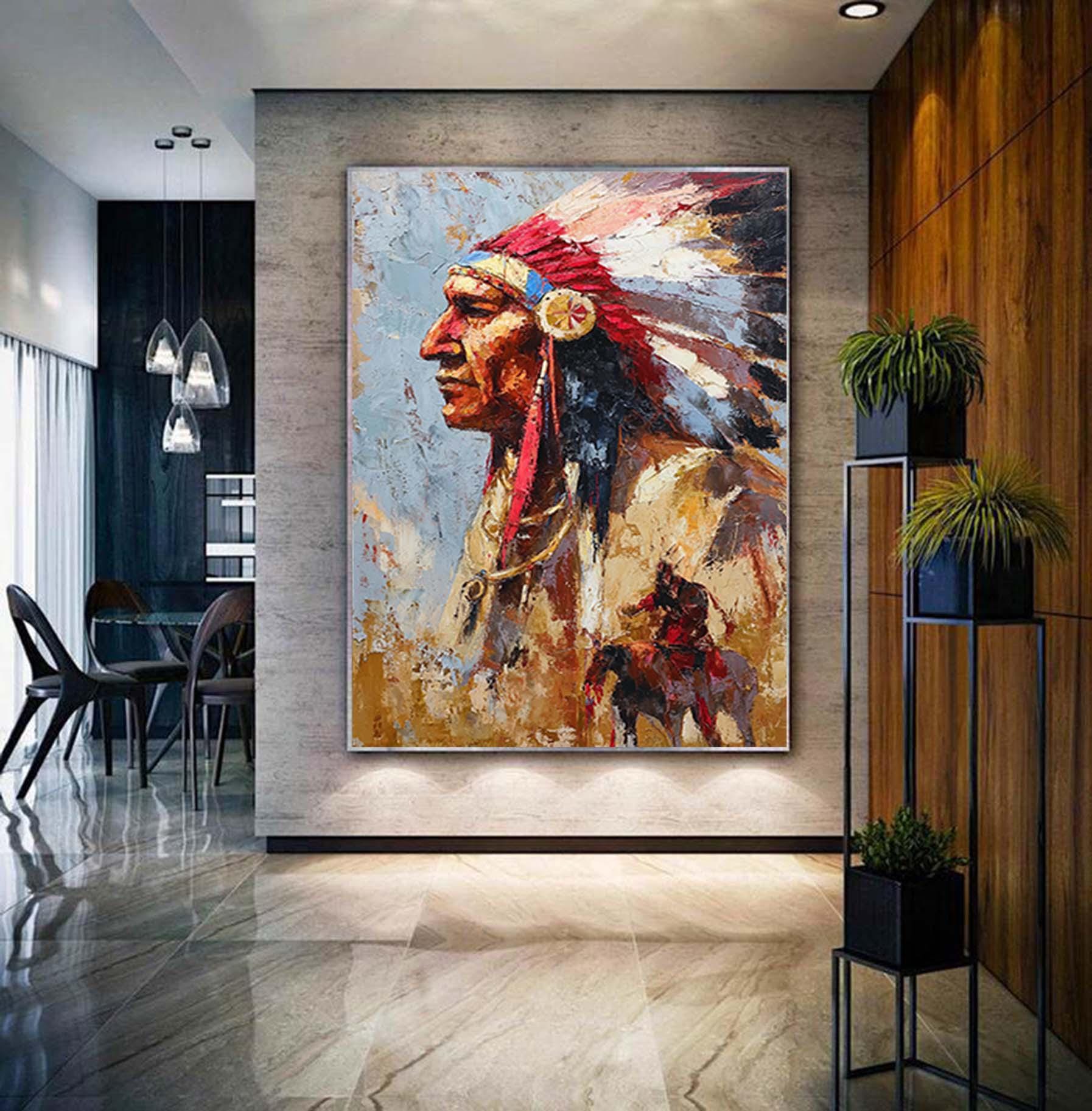 Impressionism Native American Warrior Wall Art,Abstract Figurative Painting,Textured Painting, Oversized Wall Art,Living Room Wall Decor Art