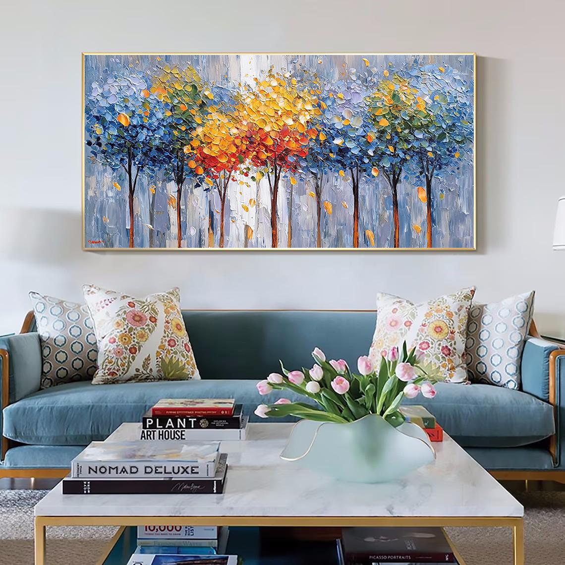 Palette Knife Trees Abstract Painting,Extra Large Landscape Wall Art,Large Textured Paintings,Modern Acrylic Painting,Living Room Canvas Art