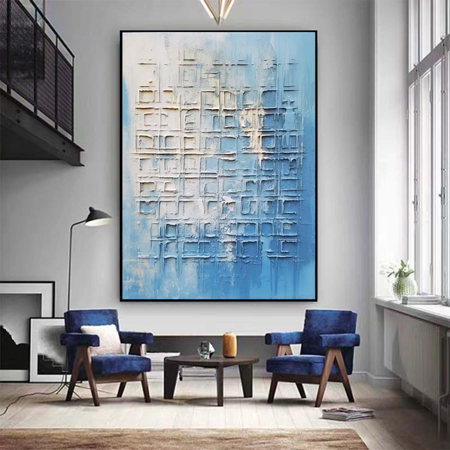 Original Hand Painted Blue Textured Painting,Wabi Sabi Abstract Wall Art, 3DCanvas for Japandi Neutral Minimalist Decor,Living Room Wall Art