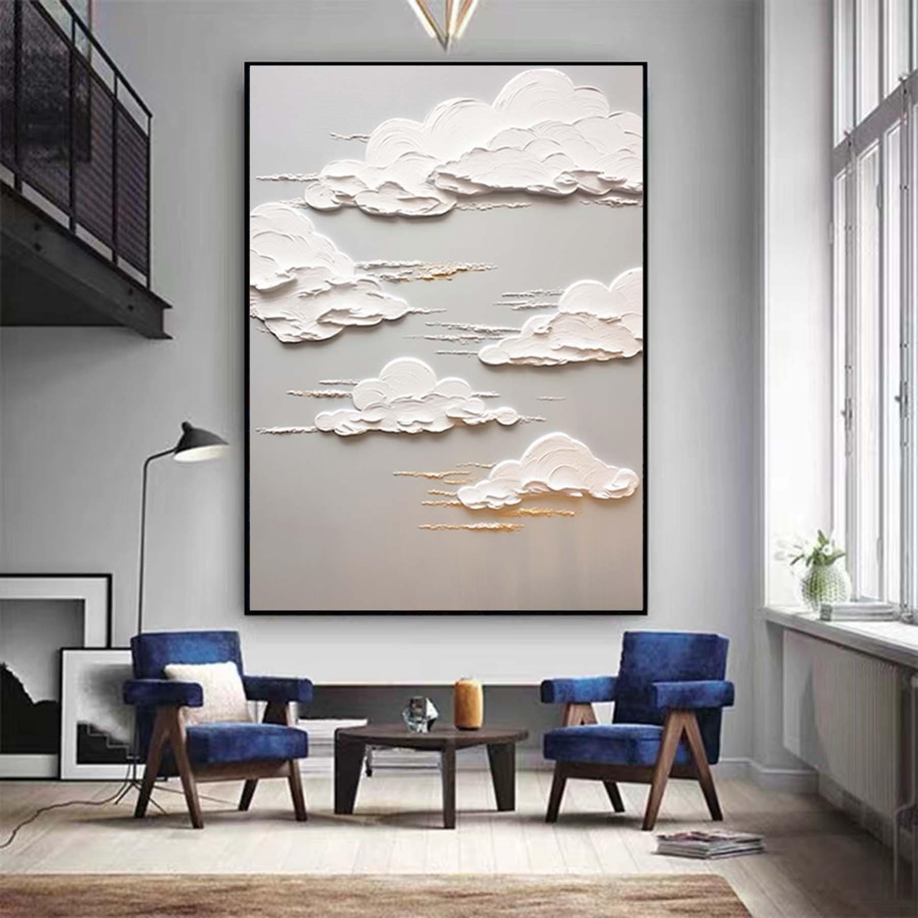 Original Hand Painted 3D Clouds Textured Painting,Wabi Sabi Abstract Wall Art, 3DCanvas for Neutral Minimalist Decor,Living Room Wall Art