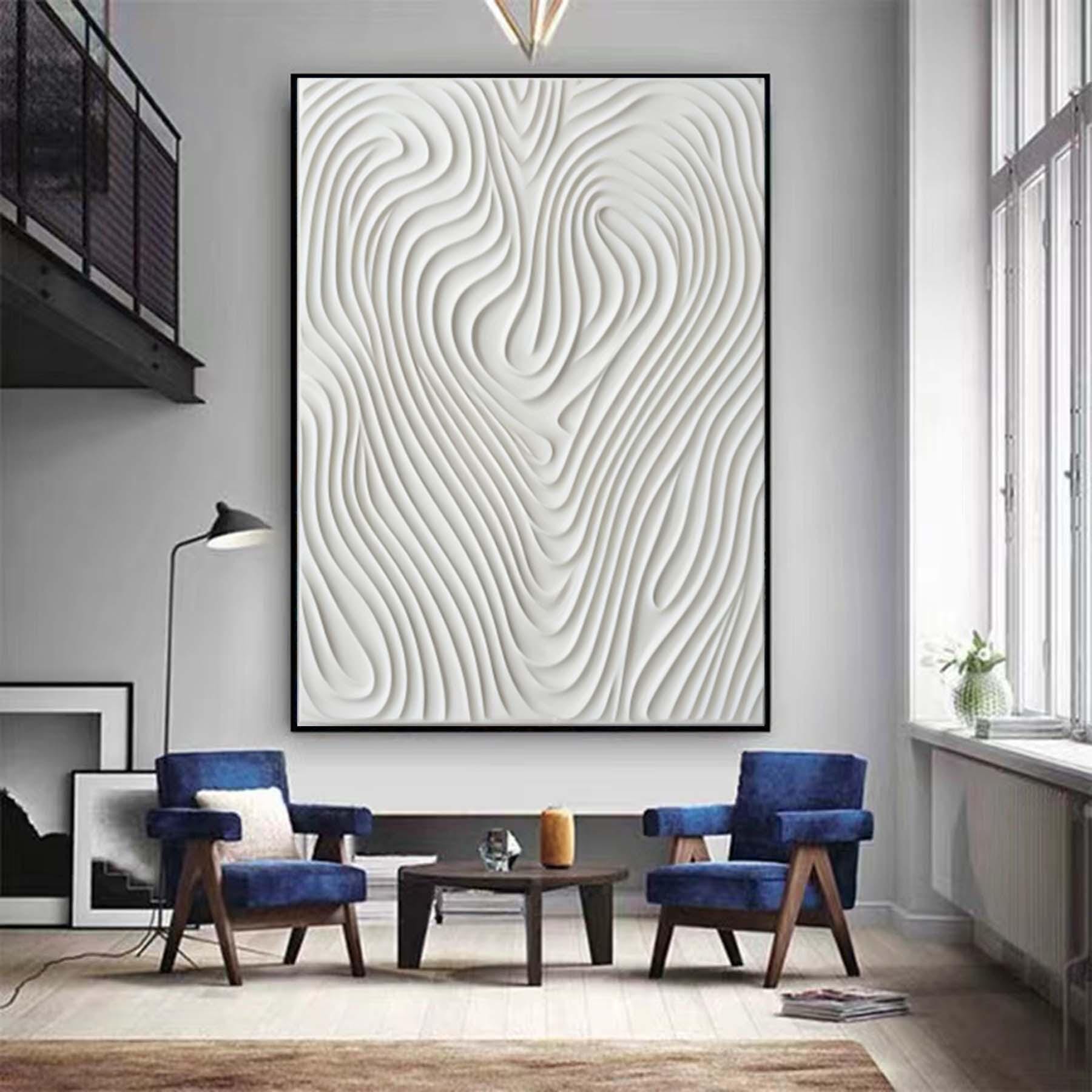 Hand Painted White 3D Pattern Textured Painting,Wabi Sabi Abstract Wall Art, 3D Canvas for Neutral Minimalist Decor,Living Room Wall Art