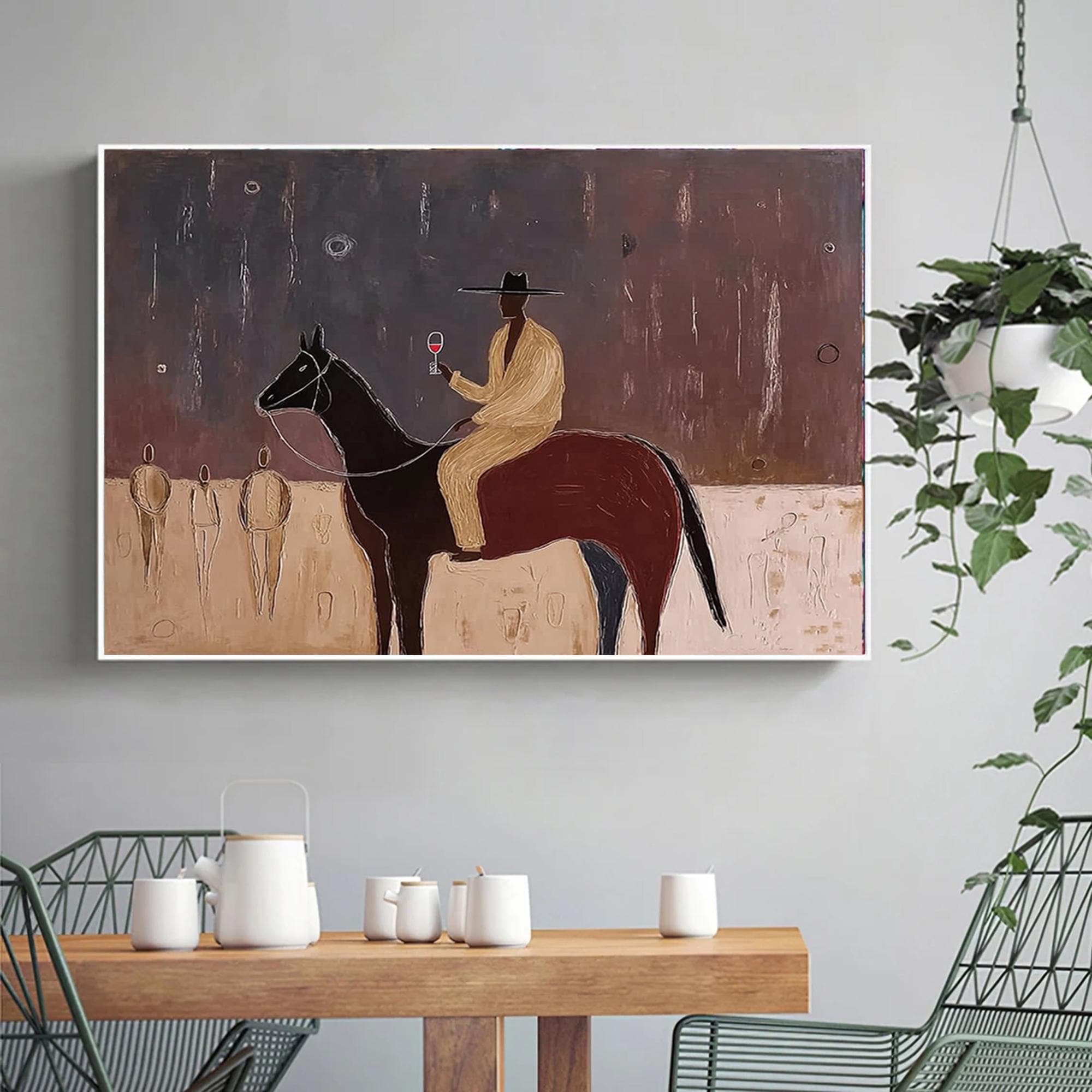 original western cowboy and horse oil painting Japandi western conwboy wall art horse wall art large brown textured wall art man painting