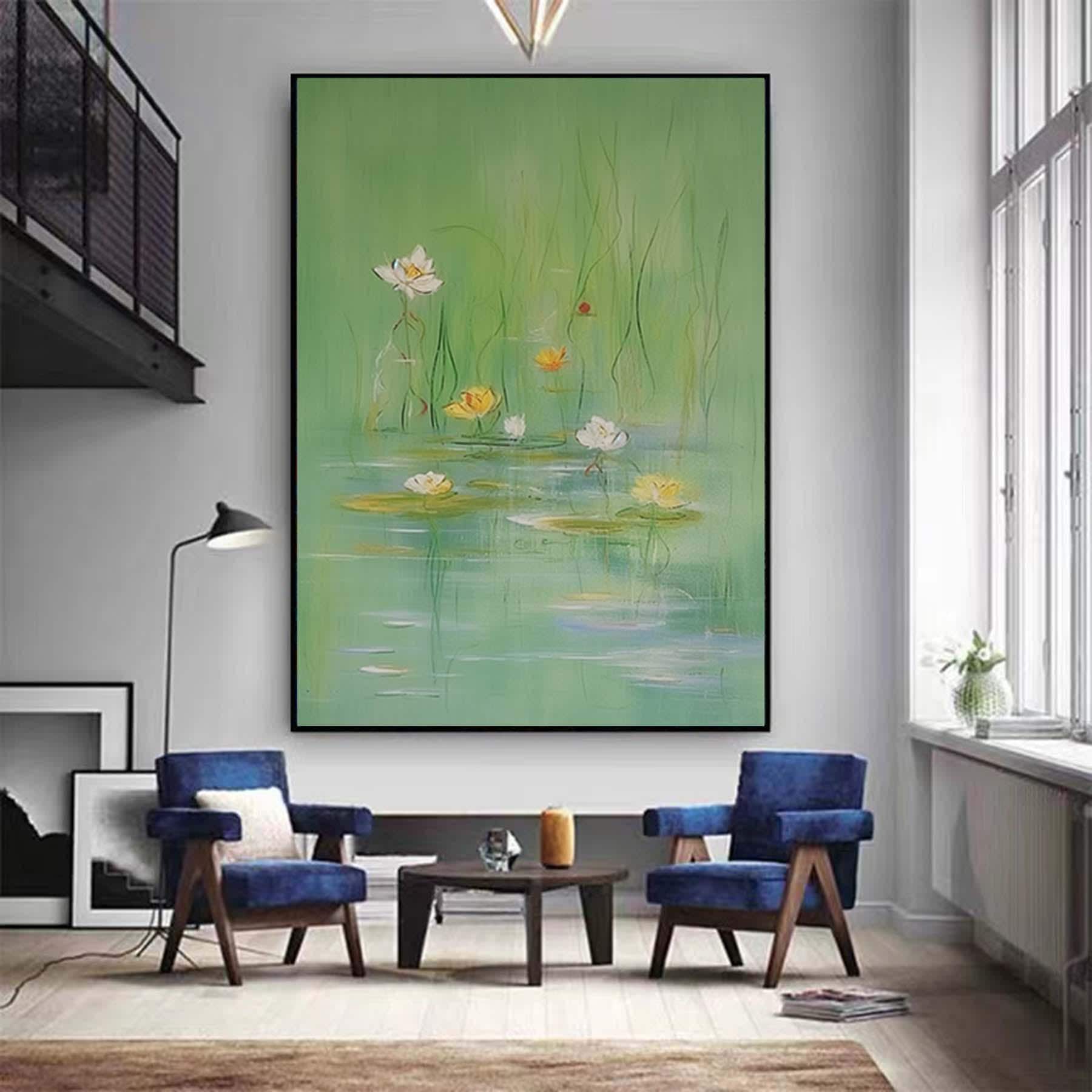 Extra Large Spring Season Painting,Large Floral in Pond Textured Painting,Oversized Minimalist Abstract Wall Art for Home