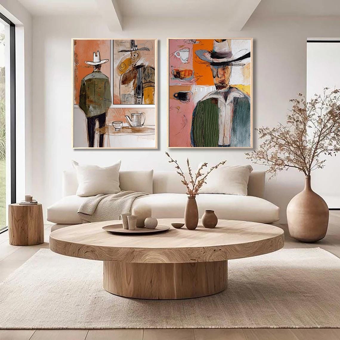 Mid Century Modern Abstract Cowboy Wall Art Set of 2 Large Canvas Painting Minimalist Western Decor