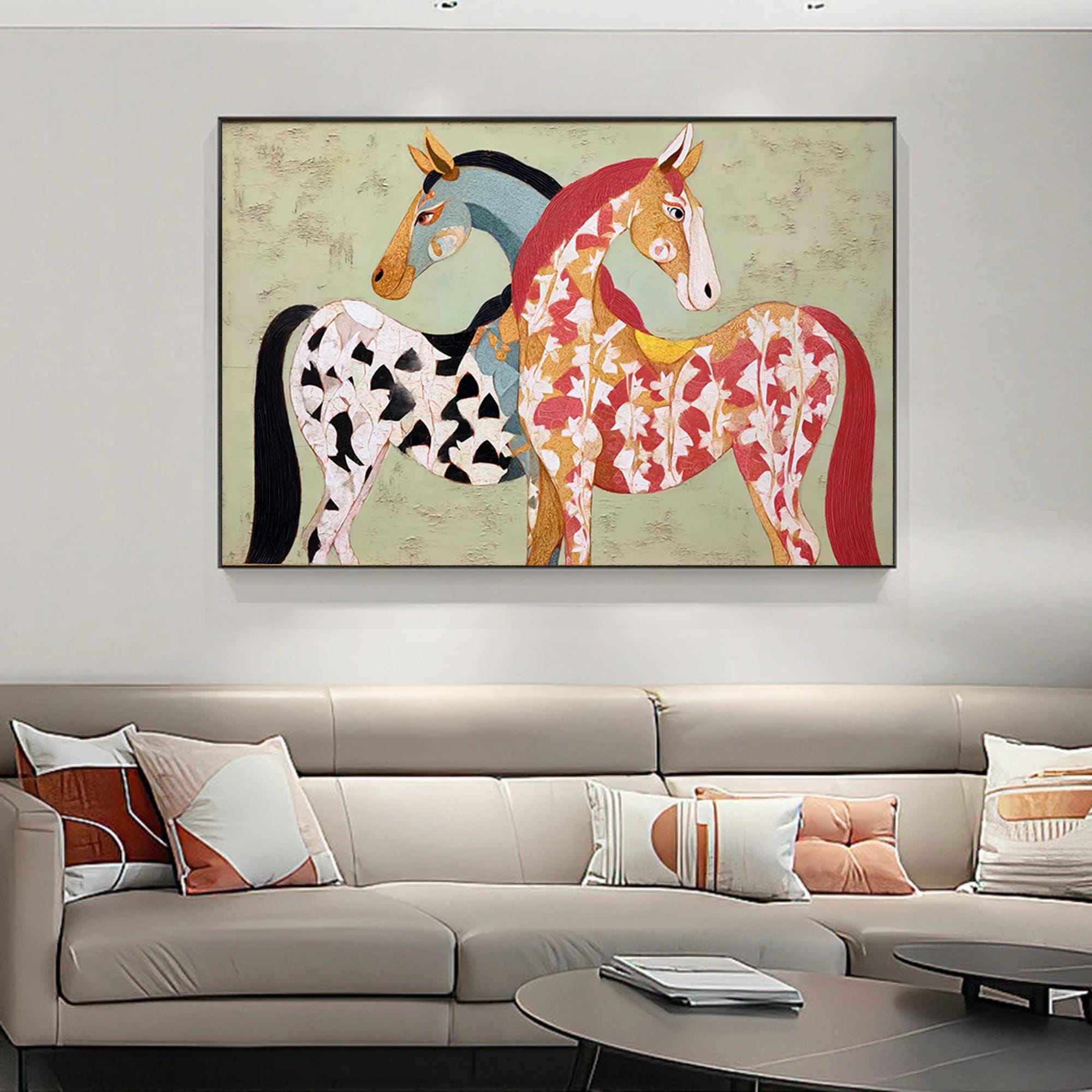 Large Textured Horse Painting Framed Earthy Tone Animal Wall Art Original Contemporary Equestrian Decor