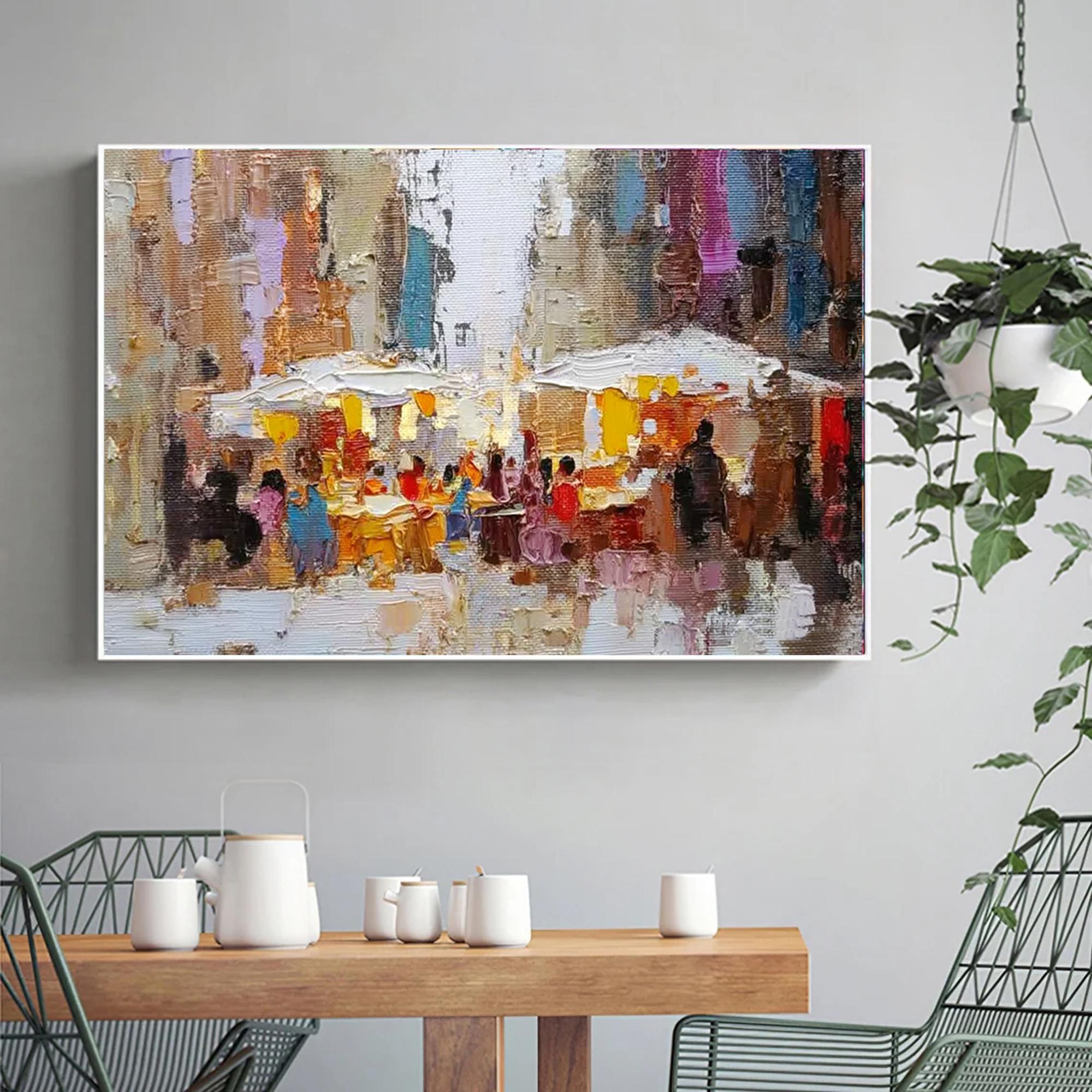 Abstract Market Street Scene Wall Art,Custom Textured Painting,Palette Knife Impressionism Modern Artwork,Living Room Decorative Wall Art