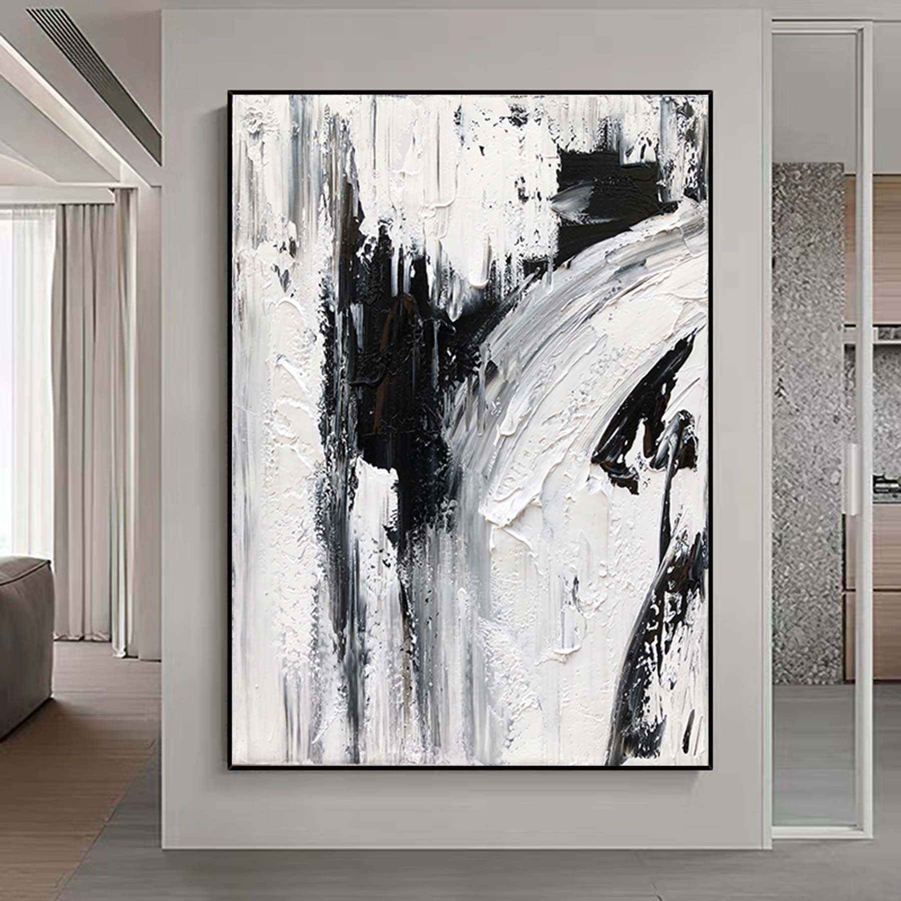 Minimalist Abstract Painting,Black And White Textured Painting, Palette Knife Wall Art #c022