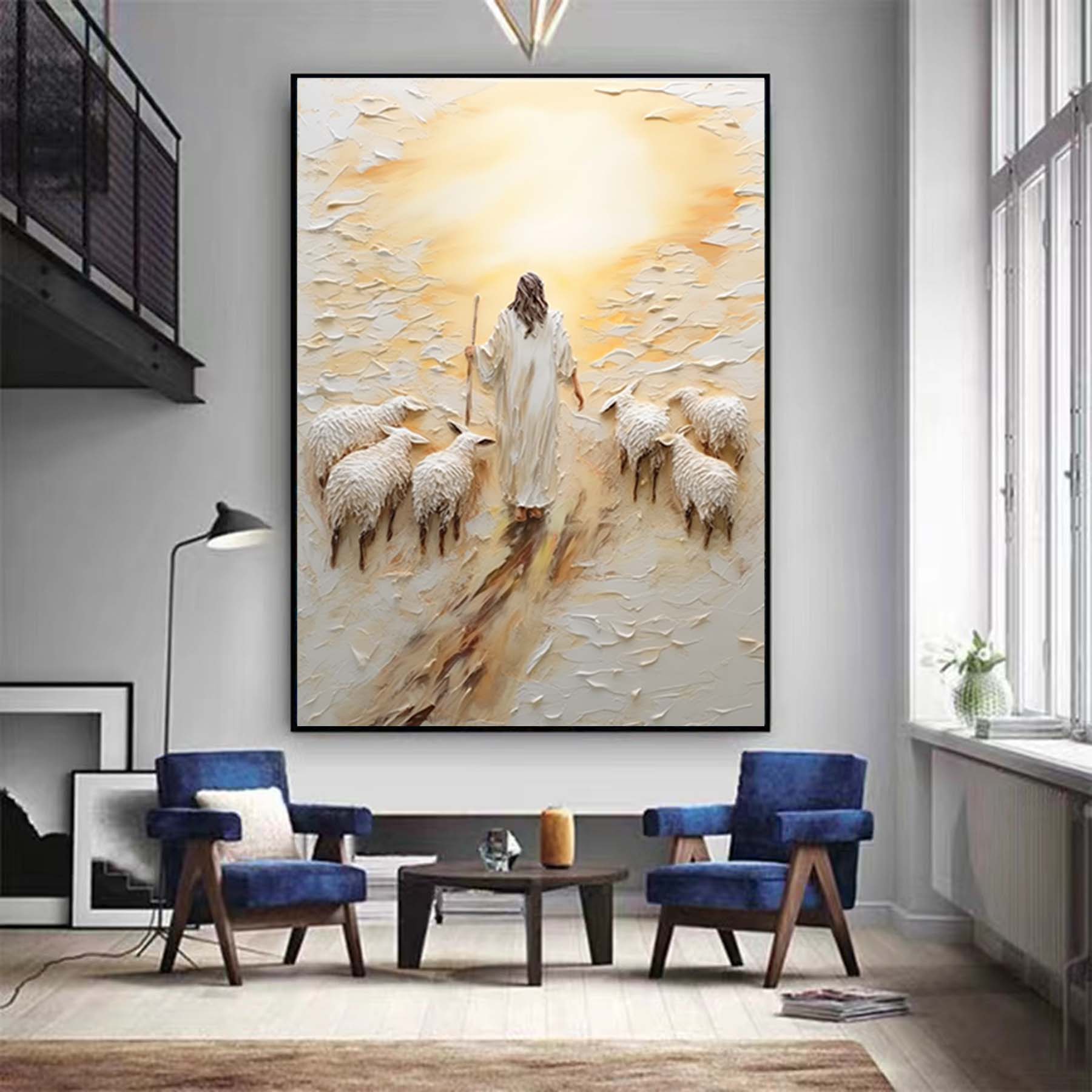 The Good Shepherd Jesus Christ Painting,Modern christian art, Abstract religious wall art,Extra Large 3D Textured Paintings,Textured art