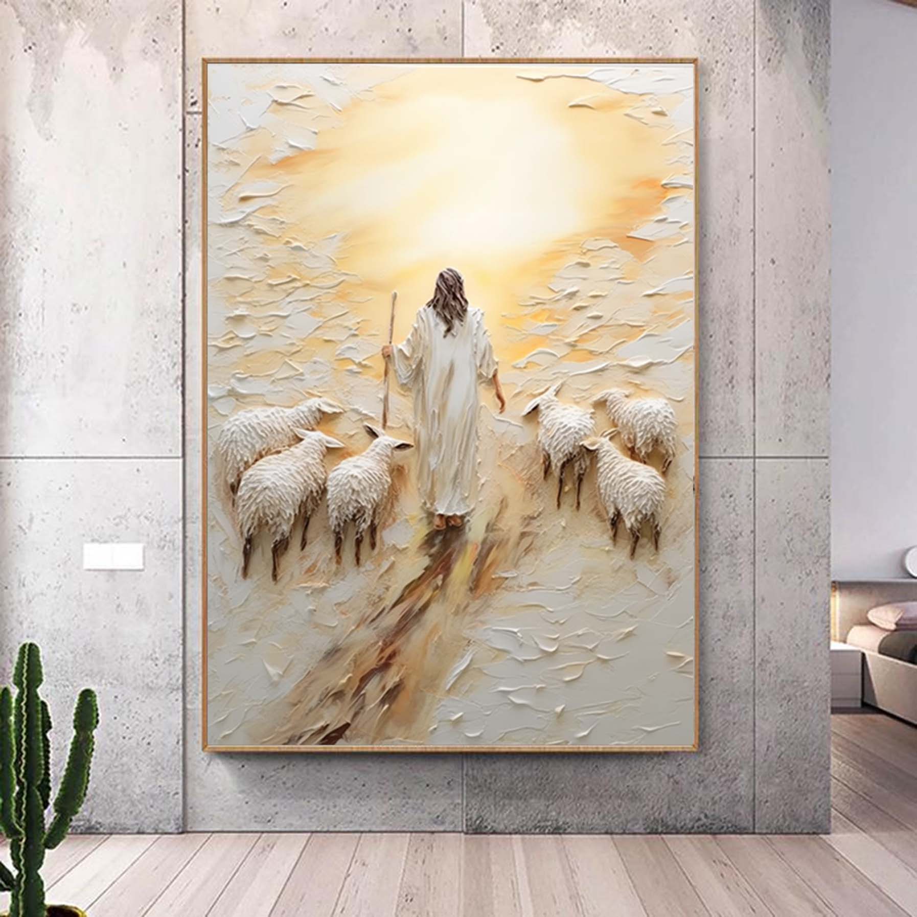 The Good Shepherd Jesus Christ Painting,Modern christian art, Abstract religious wall art,Extra Large 3D Textured Paintings,Textured art