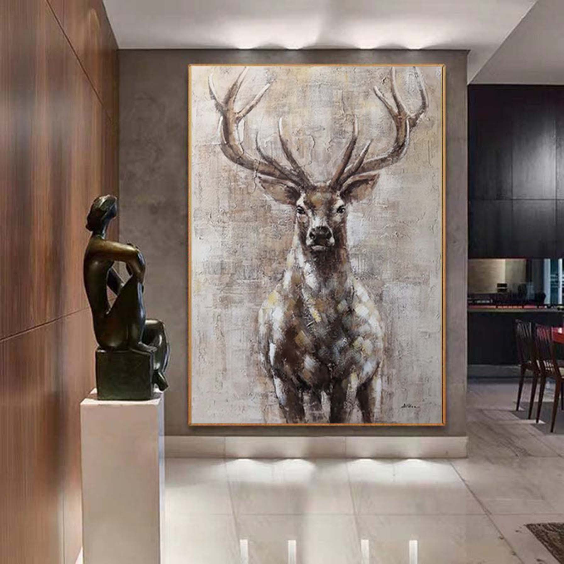 Large Deer Abstract  Painting,Gray Beige Textured Animal Painting #c502