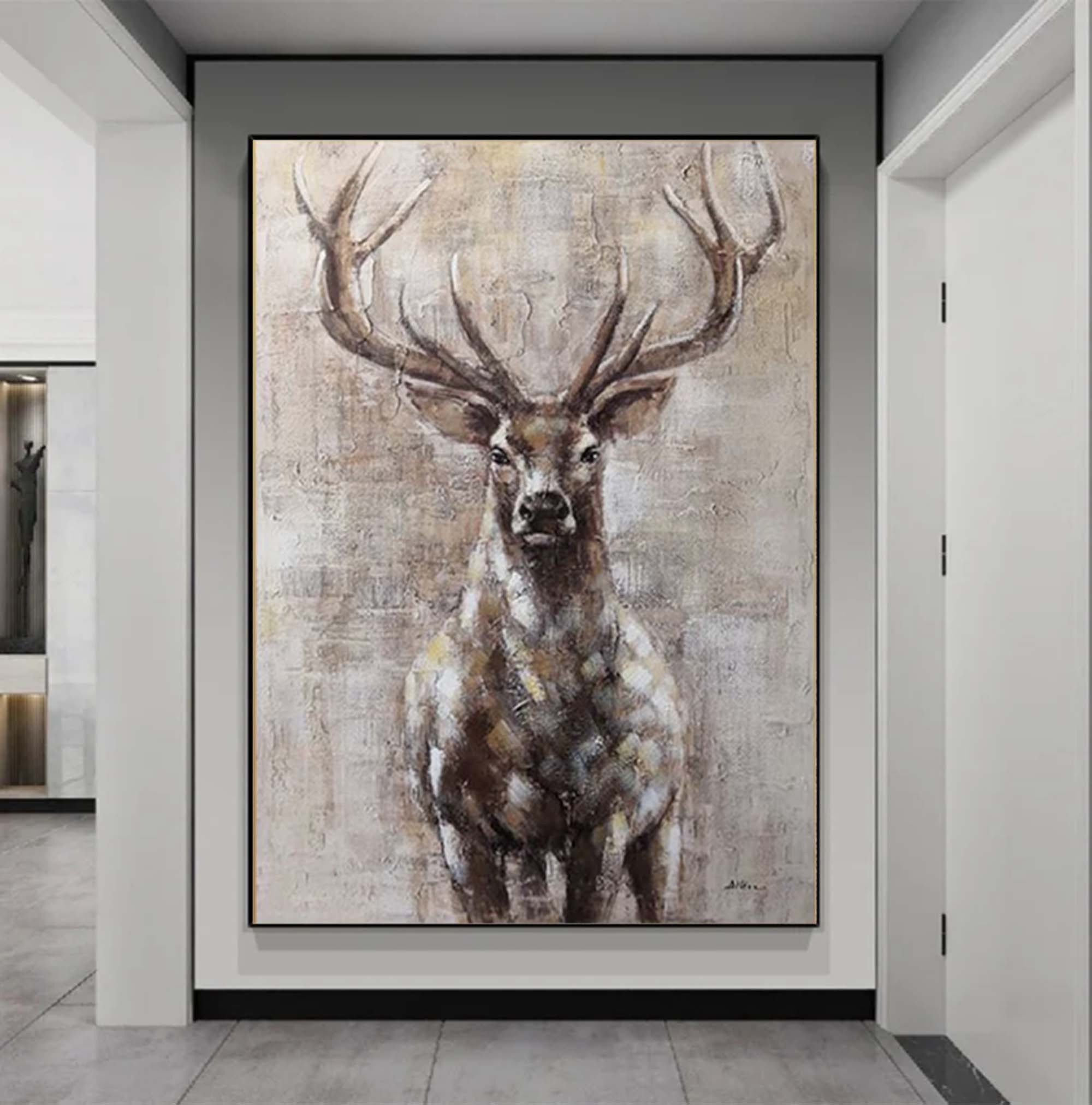 Large Deer Abstract  Painting,Gray Beige Textured Animal Painting #c502