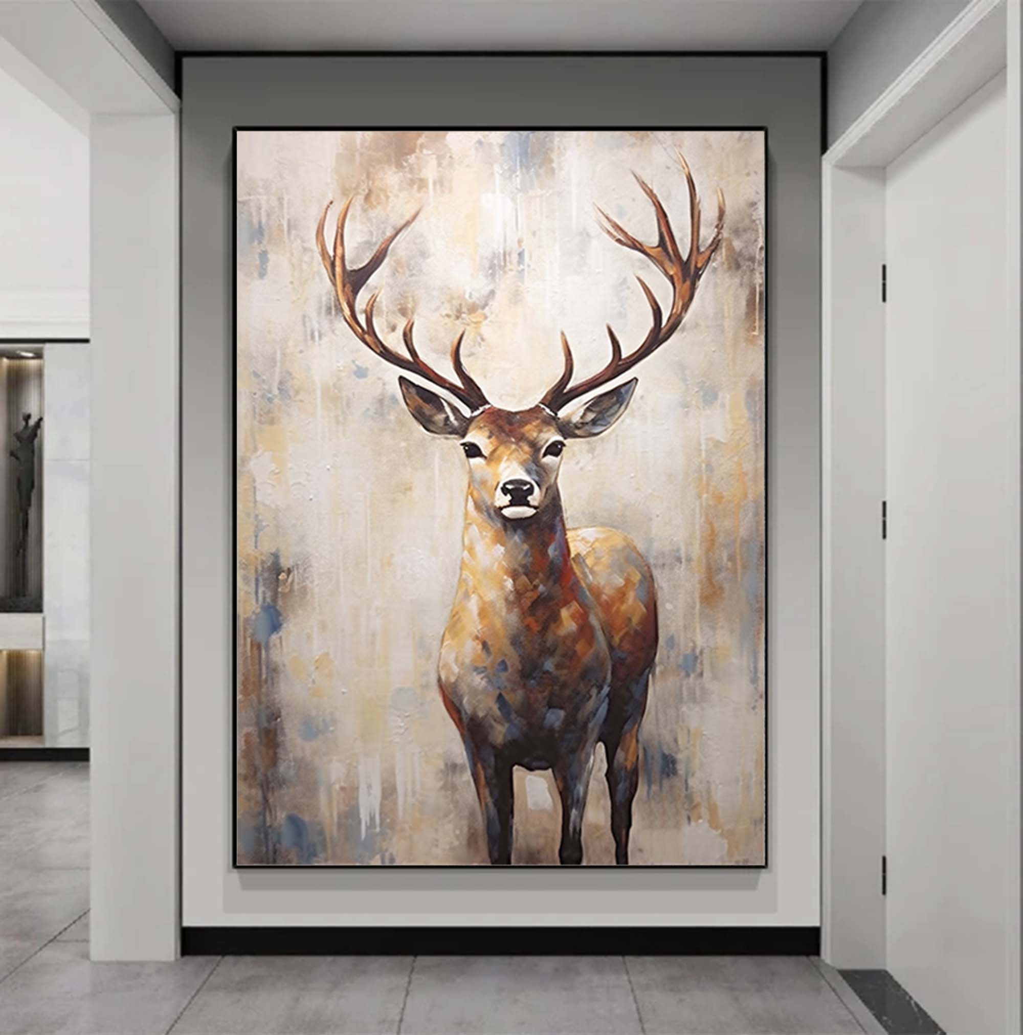Large Deer Abstract  Painting,Gray Beige Textured Animal Painting #c504