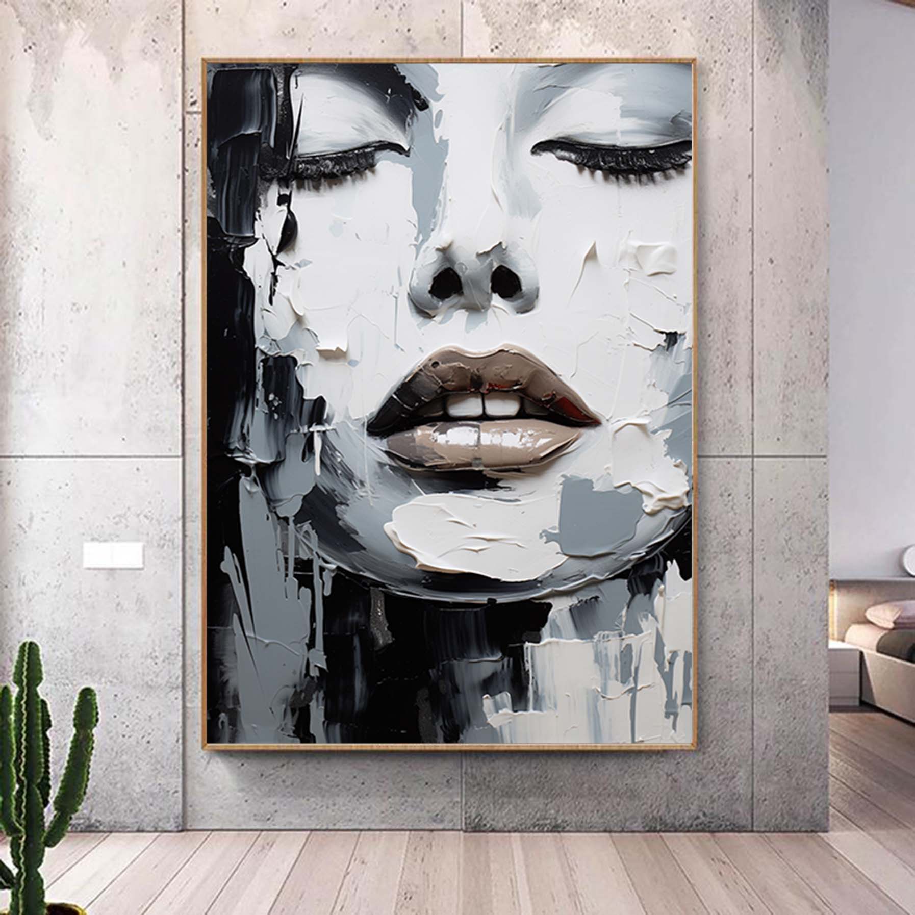 Abstract Face Painting,Black and White Textured Painting, Palette Knife Wall Art #c855